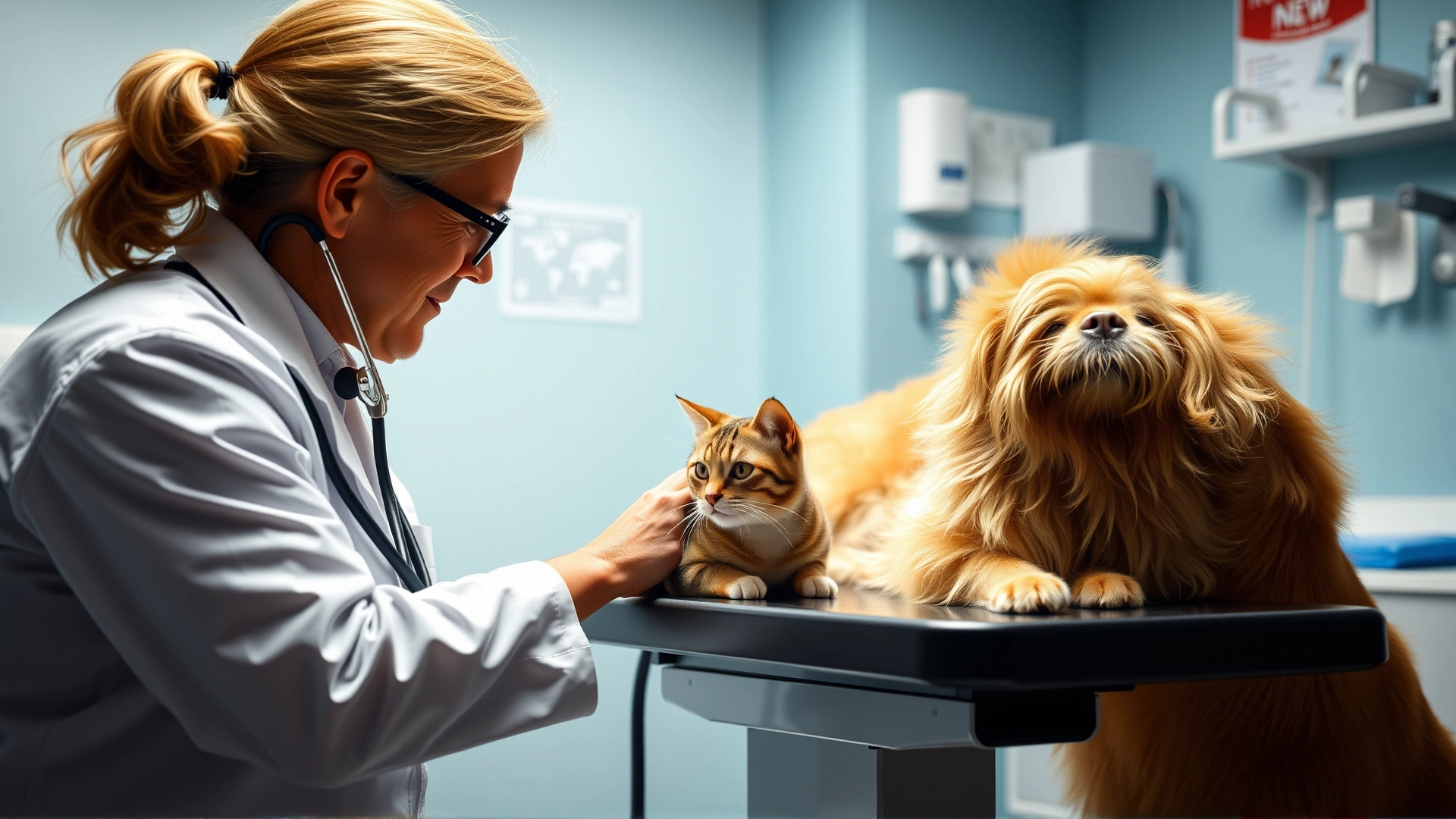 Friendly veterinarian in a modern clinic examining a golden retriever and a domestic short-haired cat on the exam table, with stethoscope and medical supplies in the background, natural lighting