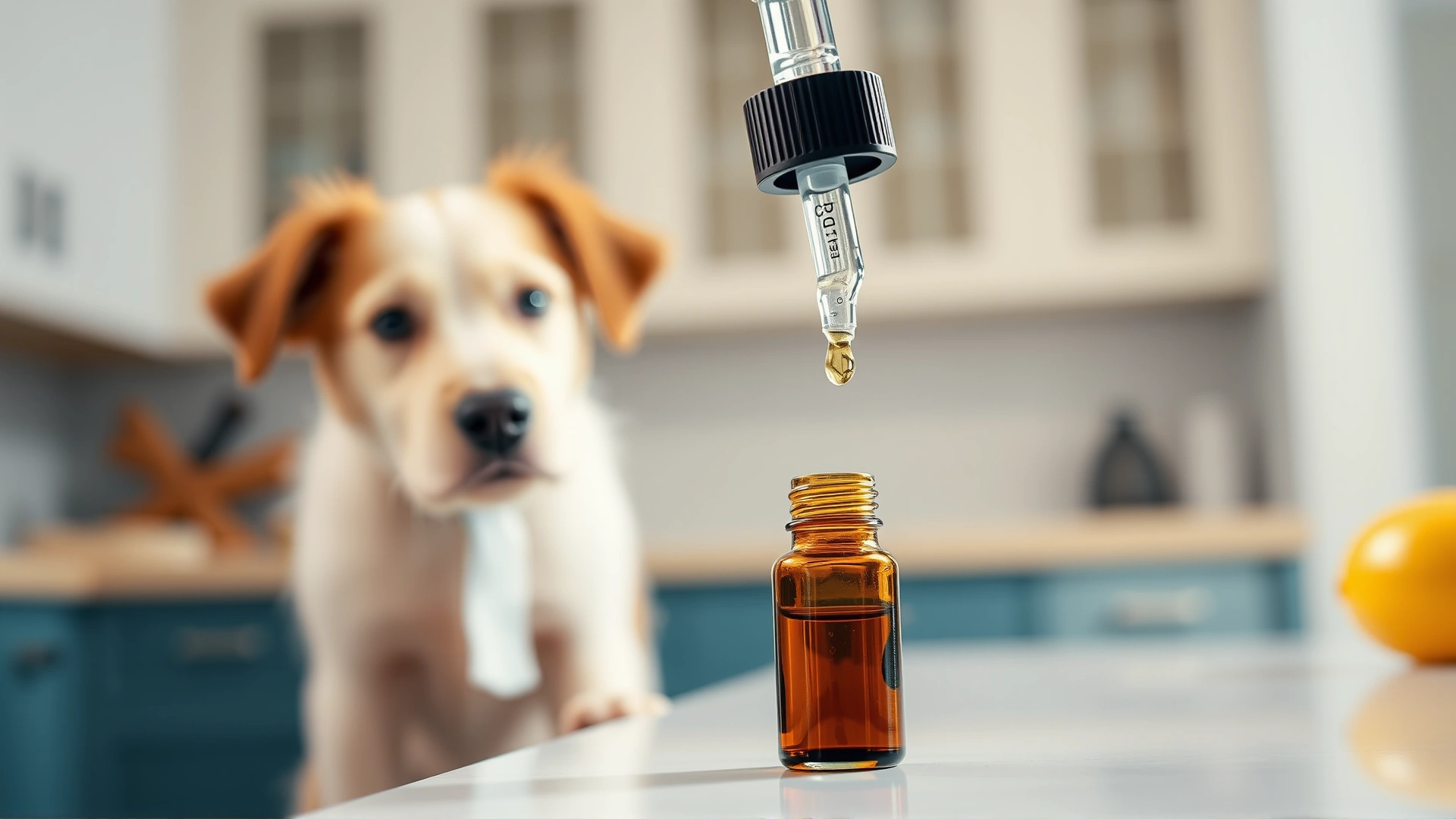 Close-up of a glass dropper dispensing CBD oil into a small amber bottle, with an out-of-focus dog in the background waiting curiously, bright kitchen setting.