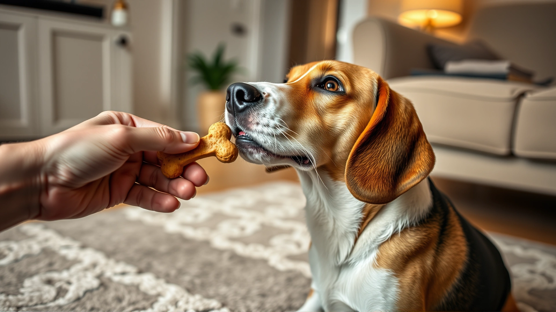 Close shot of a human hand offering a bone-shaped CBD treat to an eager beagle indoors on a cozy rug, warm ambient lighting.