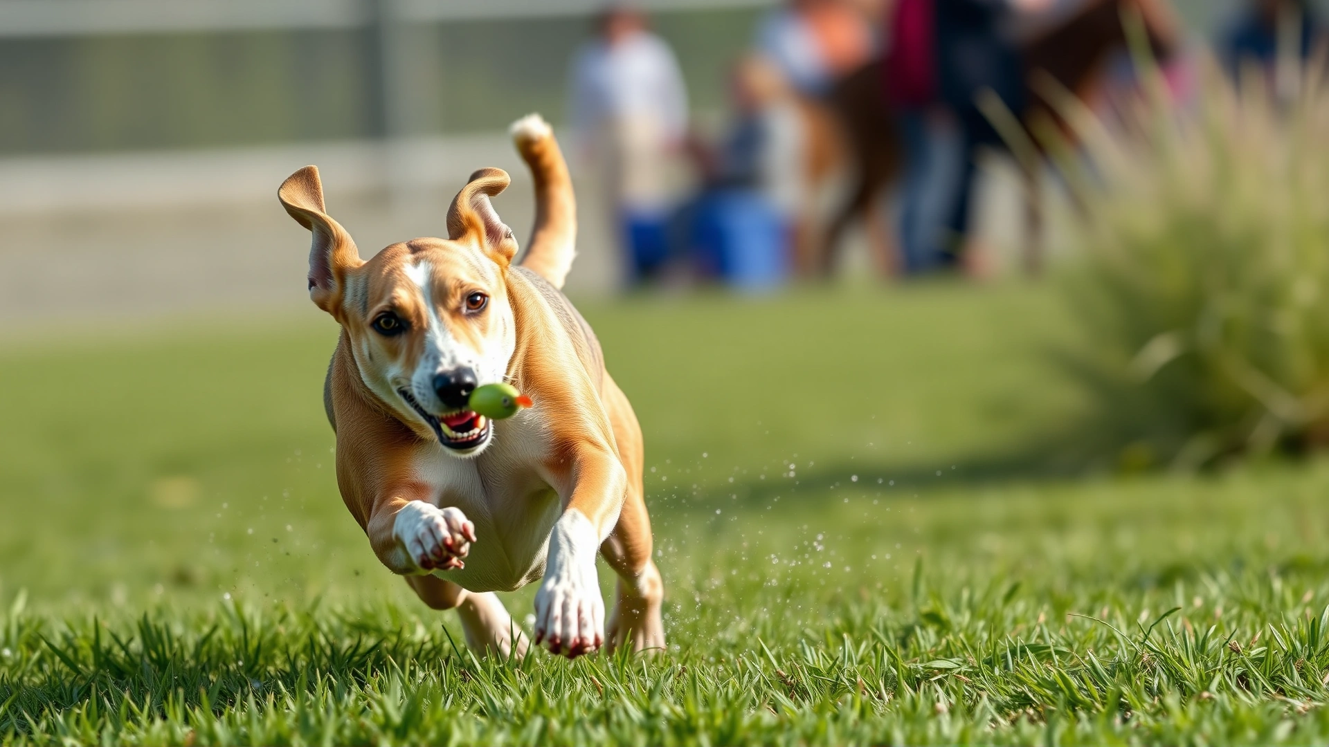 Close-up action shot of a whippet in mid-air chasing a plastic lure during a lure coursing event, grass kicking up behind.