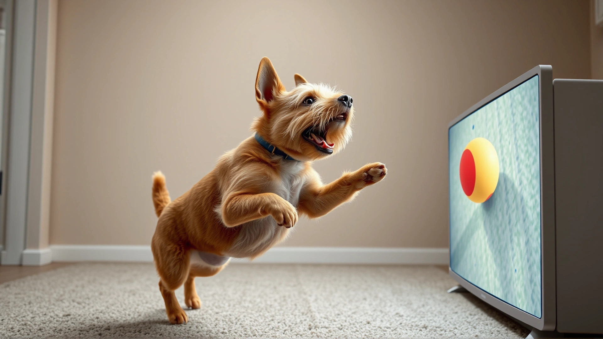 Energetic terrier jumping excitedly toward a TV that displays a ball rolling across the screen.