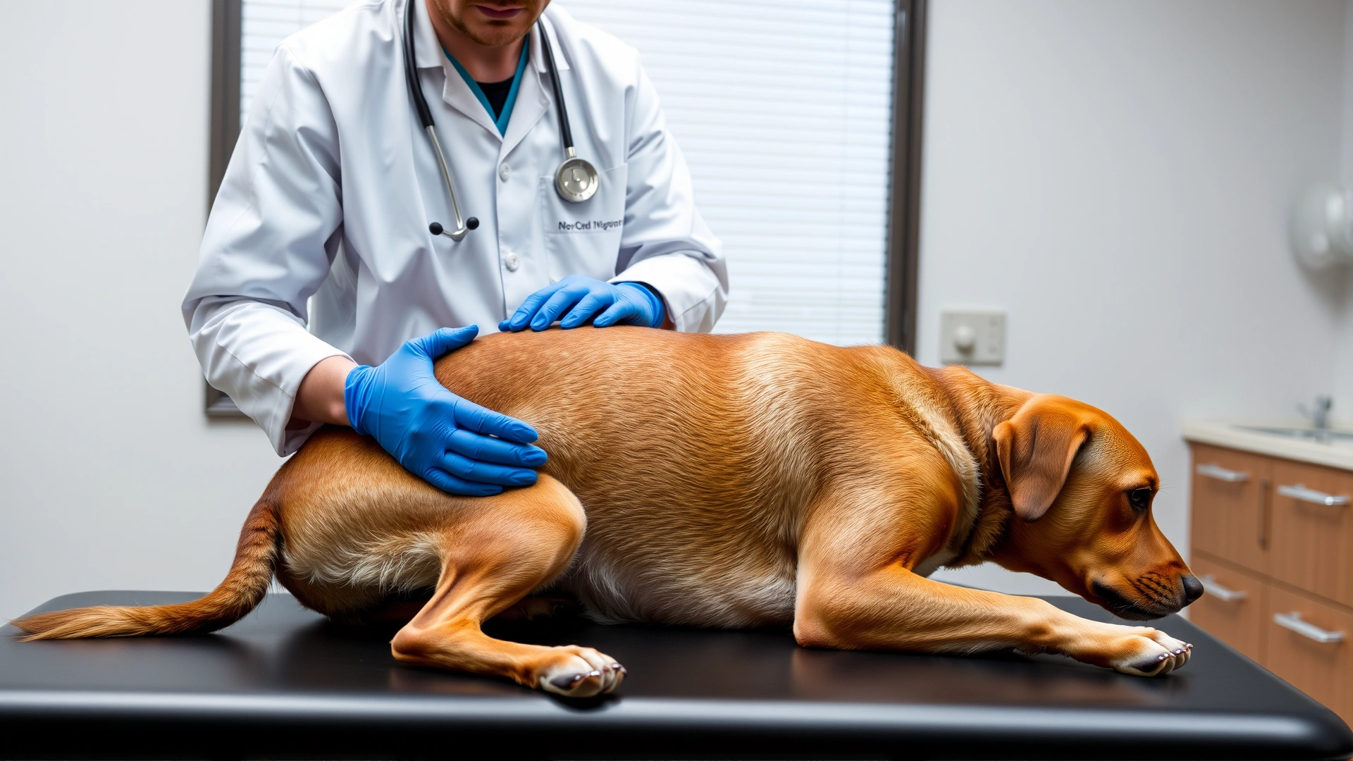Veterinarian palpating a lump on the left flank of a short-haired brown dog on an examination table inside a modern clinic. No text.