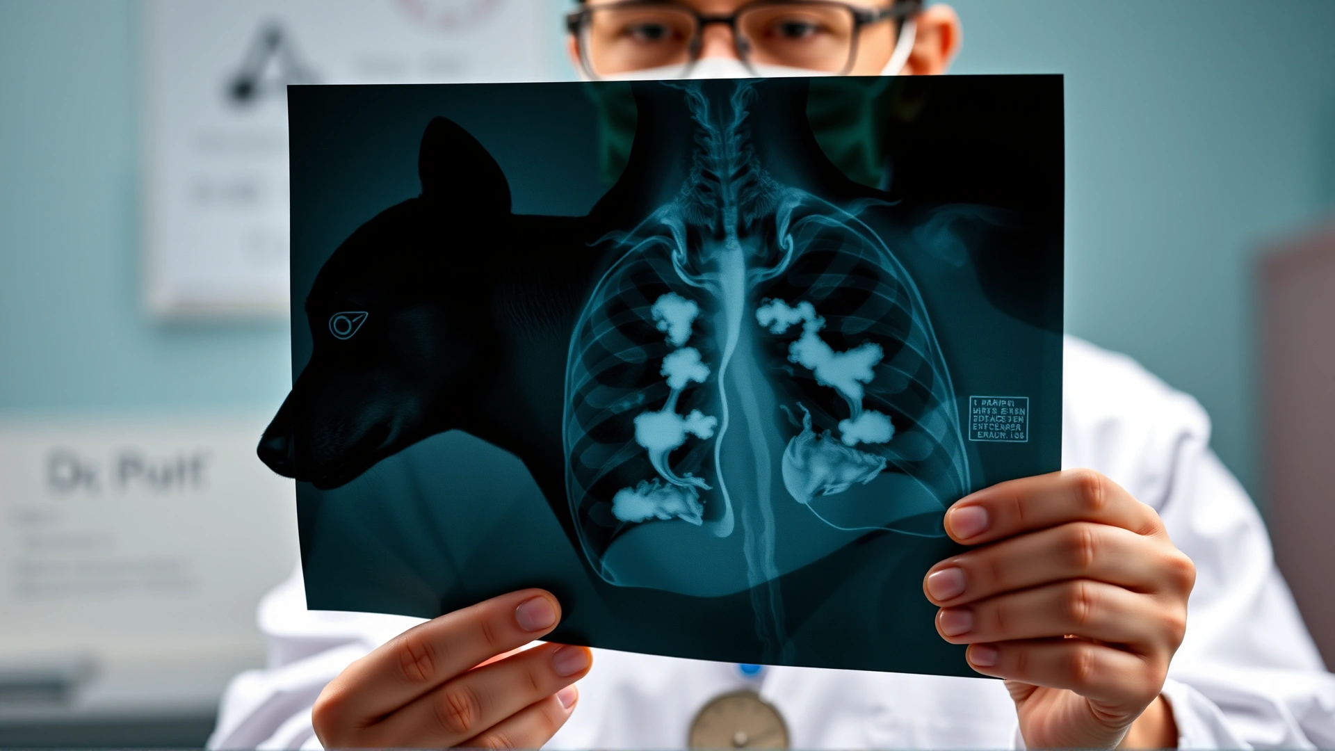 Veterinarian holding a dog’s thoracic X-ray up to the light, highlighting cloudy areas of contusion in the lungs; clinical setting, focus on the X-ray film.