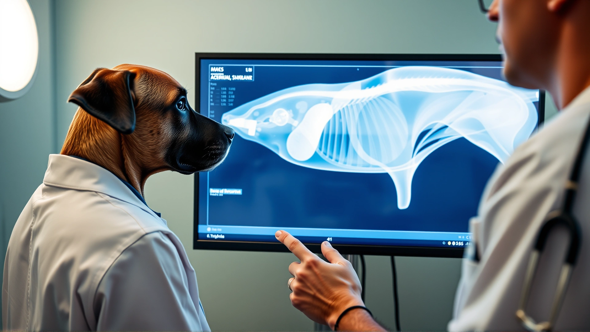 Veterinarian viewing a digital chest X-ray of a dog on a large monitor, pointing at a nodule in the lung area. Clinical setting, sharp details, no text.