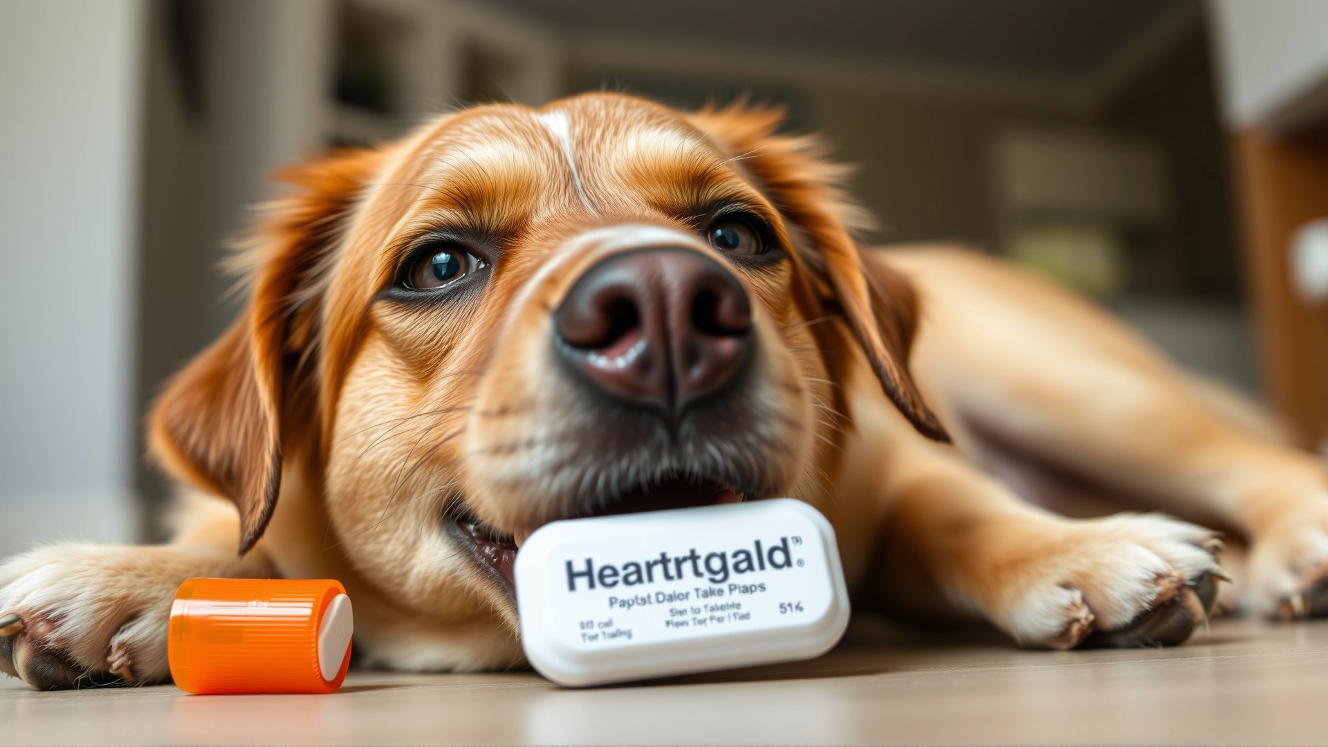 Close-up of a dog happily chewing a Heartgard chewable tablet, indoor setting with soft lighting