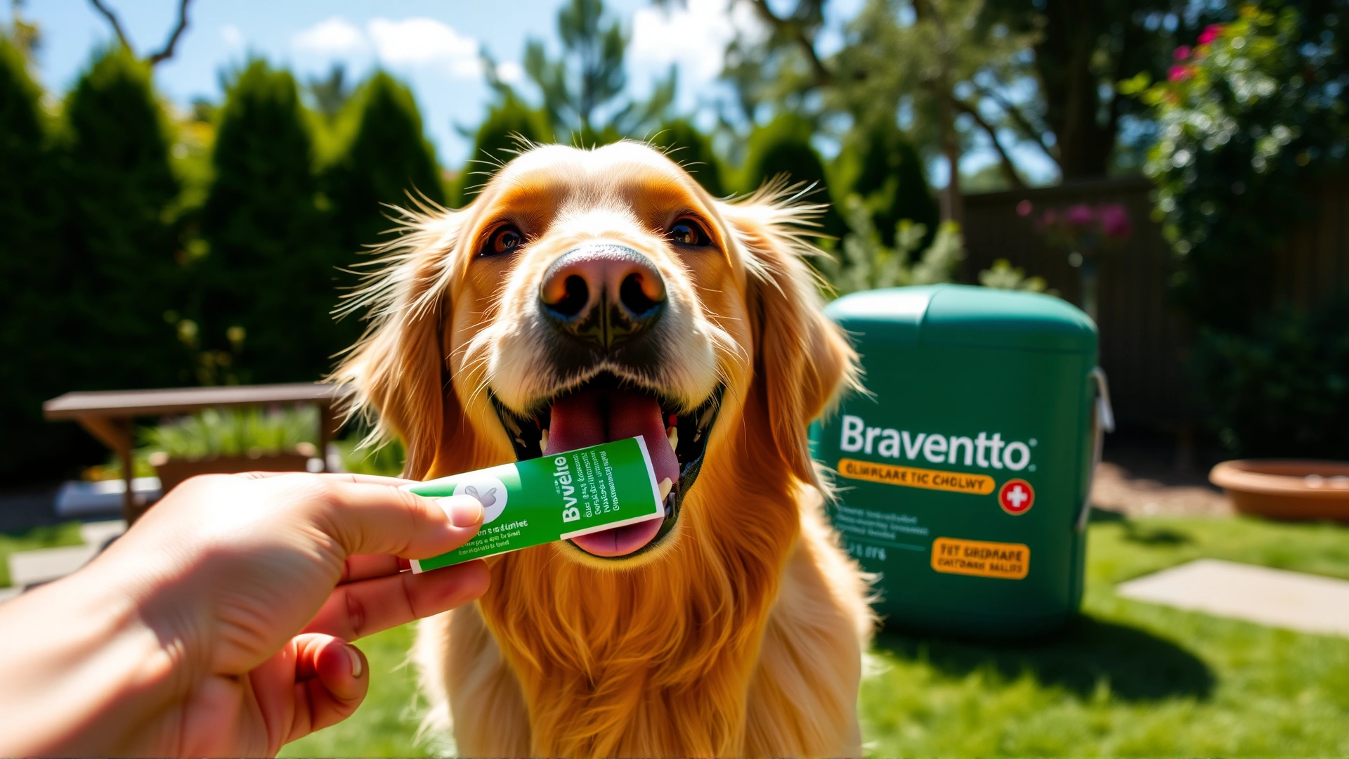 Golden retriever happily taking a Bravecto chewable tablet from its owner's hand in a sunny backyard