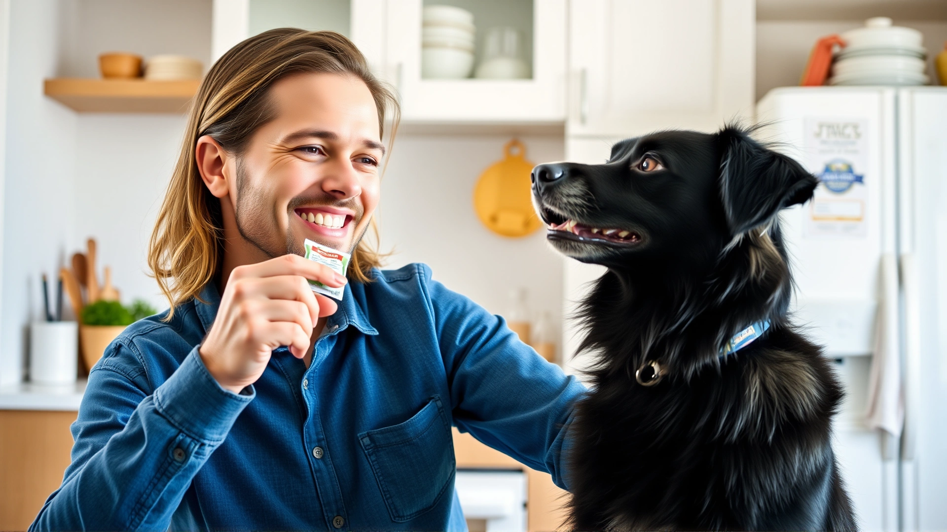 Owner offering a flavored chewable tablet to a friendly dog, kitchen background, bright and inviting, no text