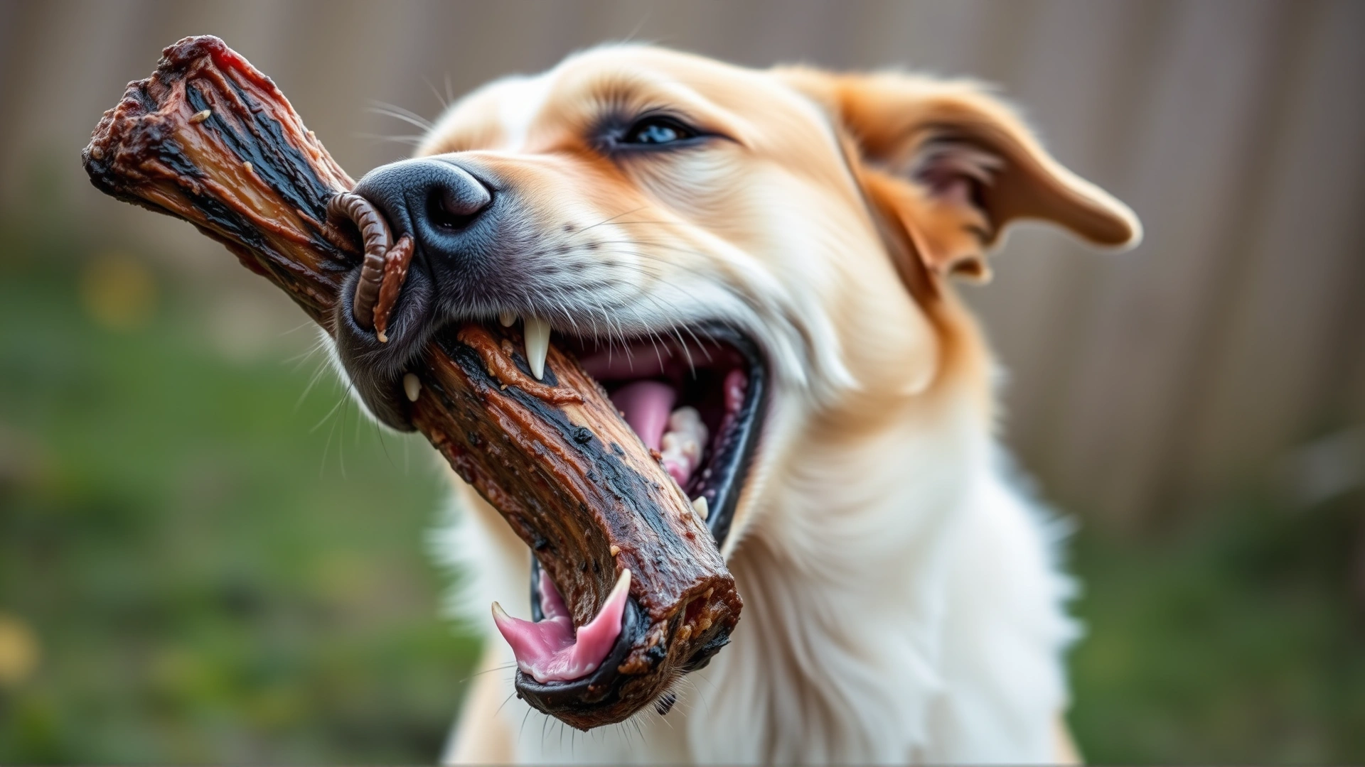 A dog enthusiastically chewing on a cooked rib bone, highlighting the potential danger, outdoor setting, soft background blur, no text