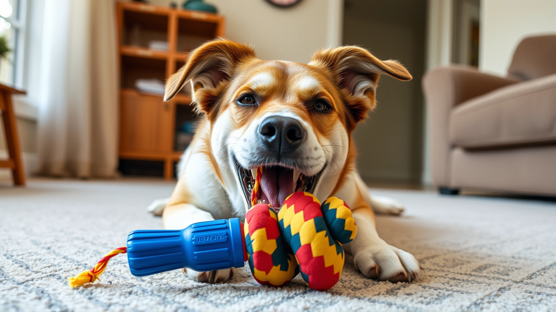 Medium-sized mixed breed dog enthusiastically chewing a colorful non-toxic toy on a living room carpet, natural lighting