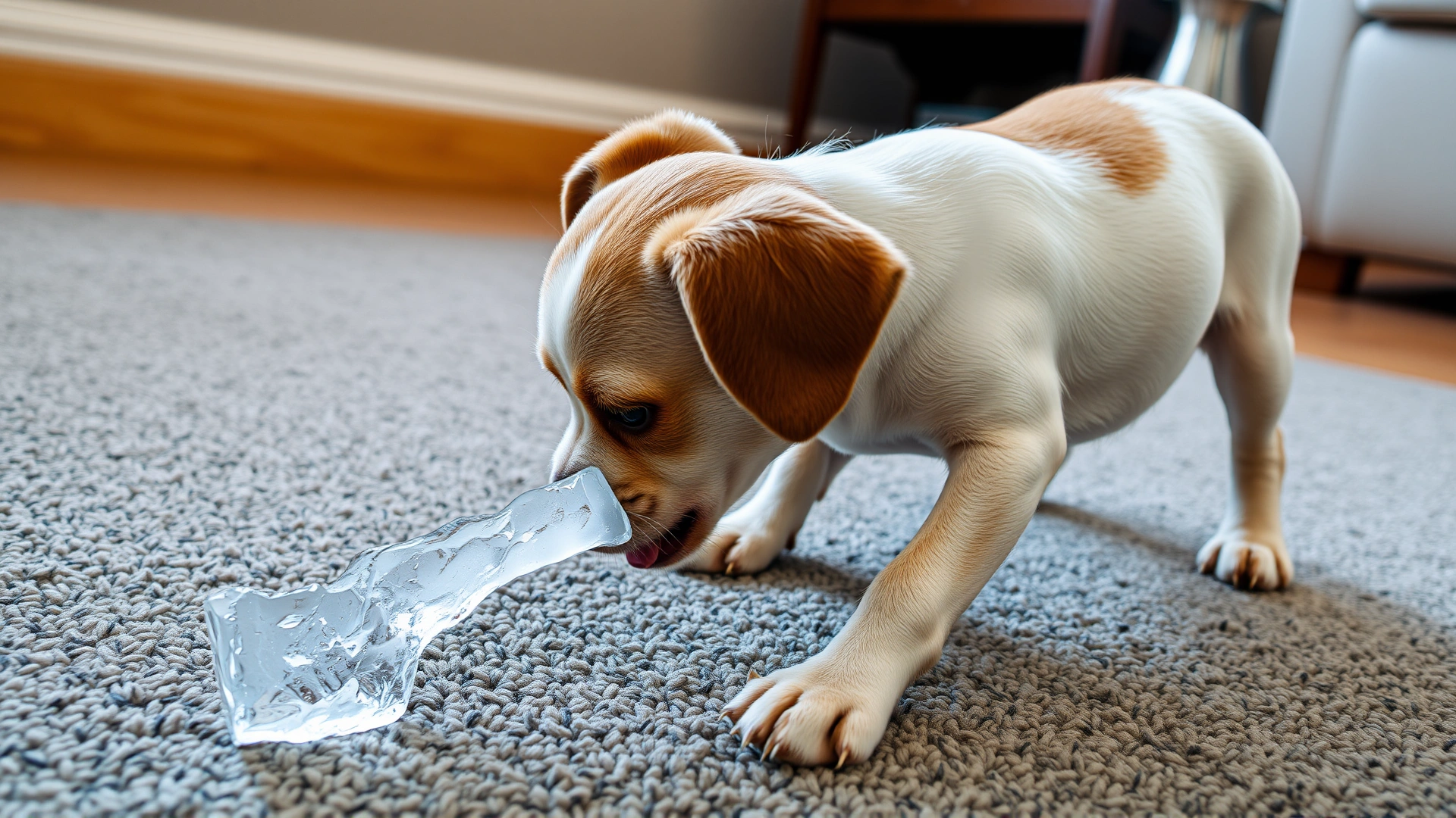Side view of a small dog cautiously chewing on a small ice shard, indoors on a carpet, illustrating proper ice size for small breeds