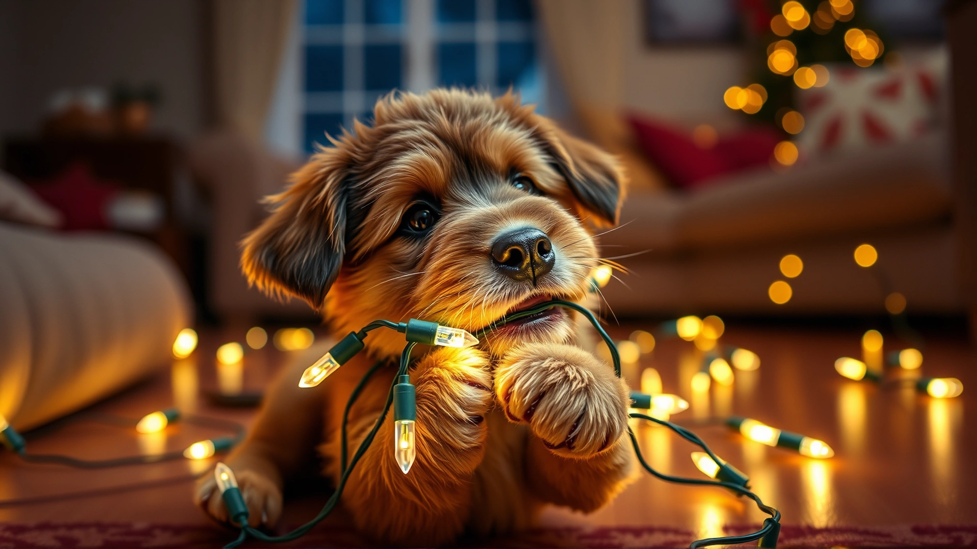 Playful puppy tangled in Christmas string lights, mid-chew, living room scene.