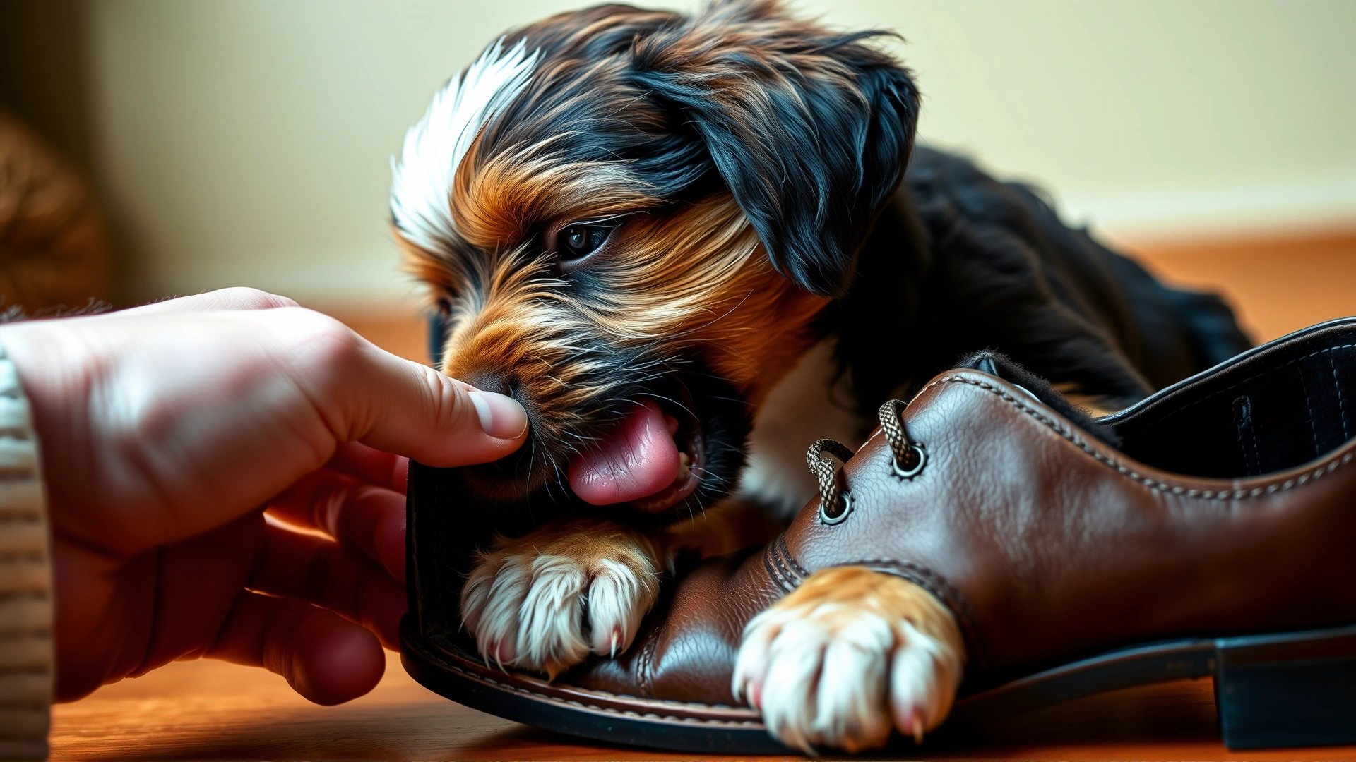 Playful puppy caught chewing on a leather shoe, owner’s hand reaching to stop it, humorous moment, warm tones.