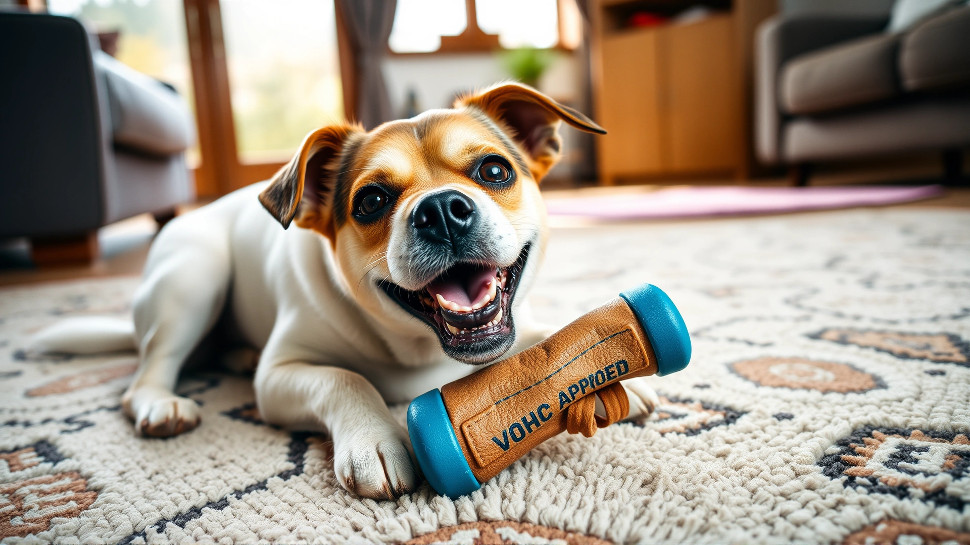 Happy small breed dog at home chewing on a VOHC-approved dental chew toy on a living room rug, natural light, cozy environment.