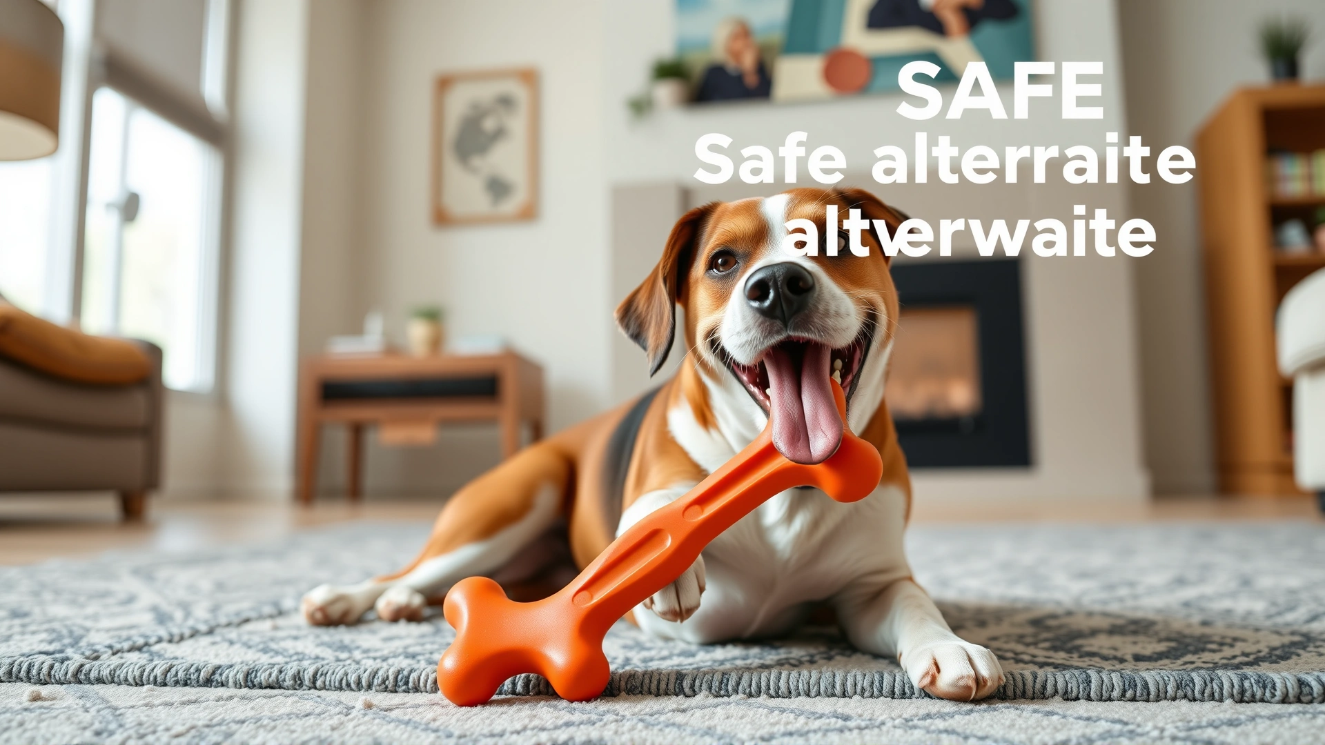 Dog sitting on a living room rug cheerfully chewing a bright-colored rubber chew toy, illustrating a safe alternative to bones.