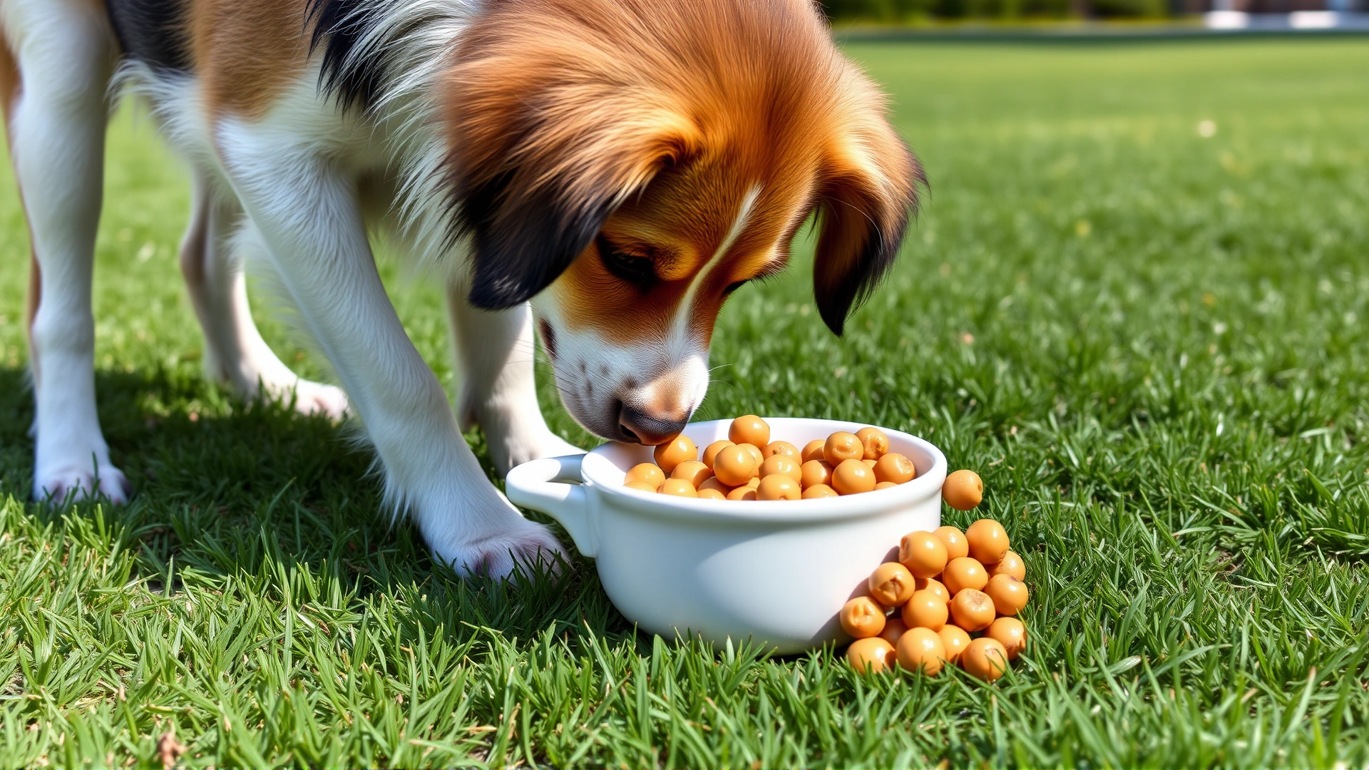Playful mixed-breed dog sniffing a white ceramic bowl filled with plain cooked chickpeas on a grassy lawn, sunny day.