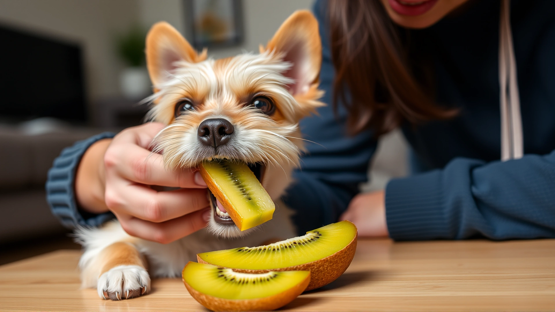 Concerned owner gently removing a large piece of kiwi from a small dog’s mouth to illustrate choking hazard, indoor setting