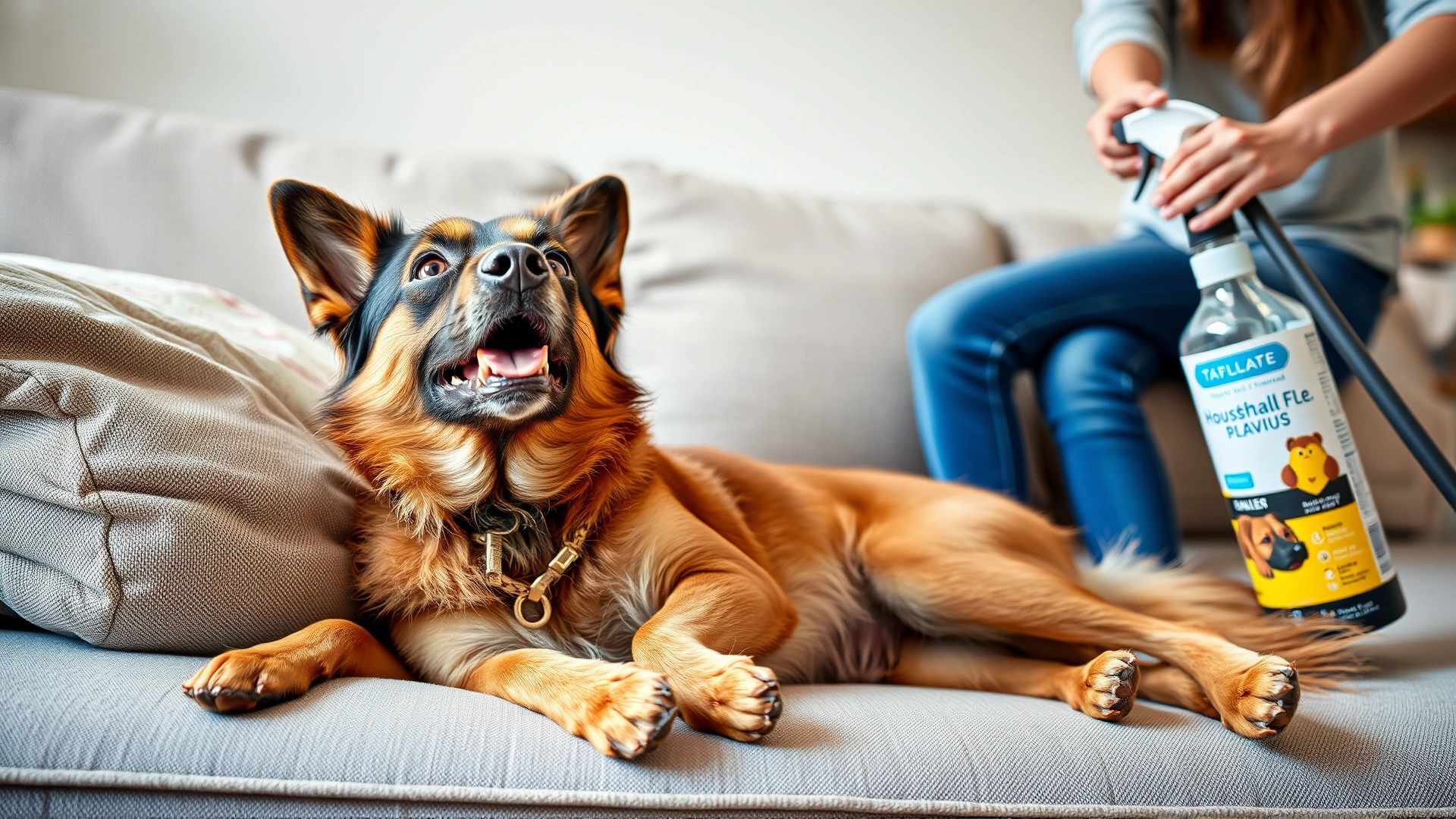 Content dog lying on a freshly vacuumed couch while owner sprays pet-safe household flea spray in the background, bright and cozy scene