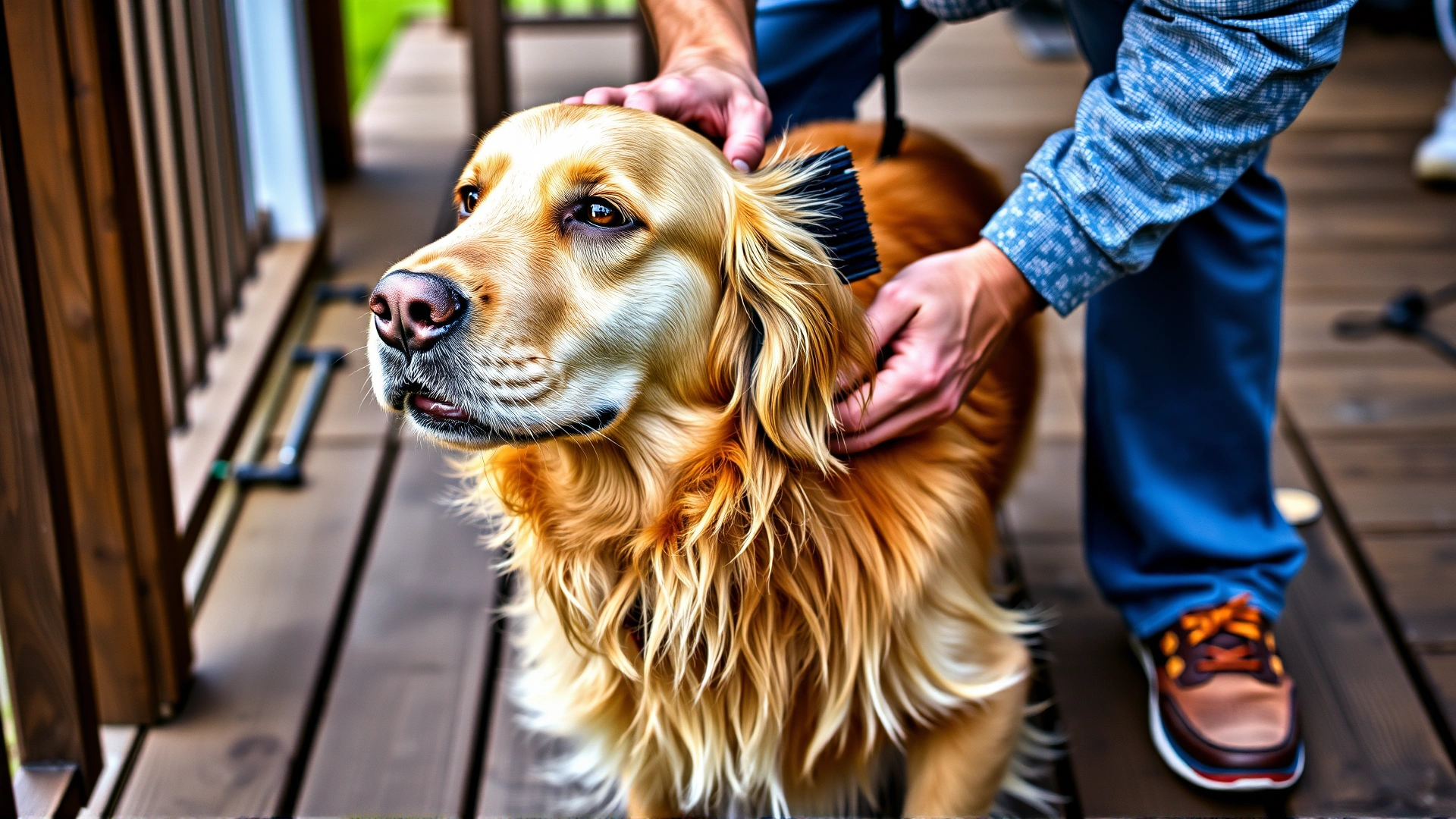 An owner brushing a golden retriever on a wooden deck, grooming tools visible, emphasizing cleanliness and care.