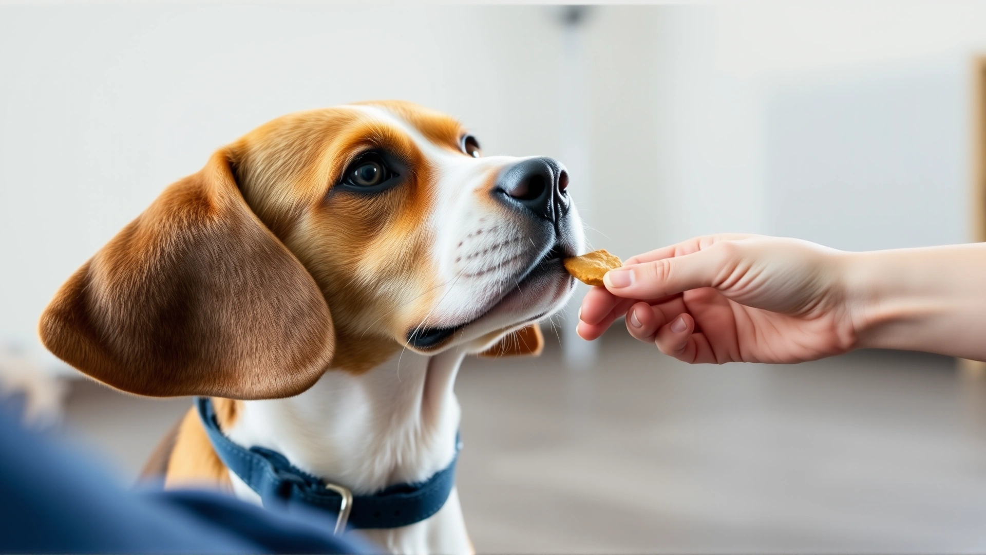 Senior Beagle attentively looking at a hand holding a clicker and treat during an indoor training session, natural light.