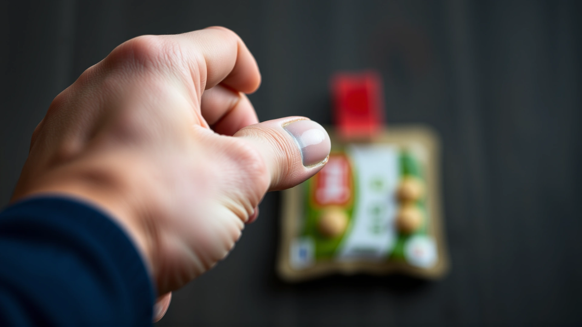 Close-up of a hand pressing a dog training clicker, blurred background of treat pouch.