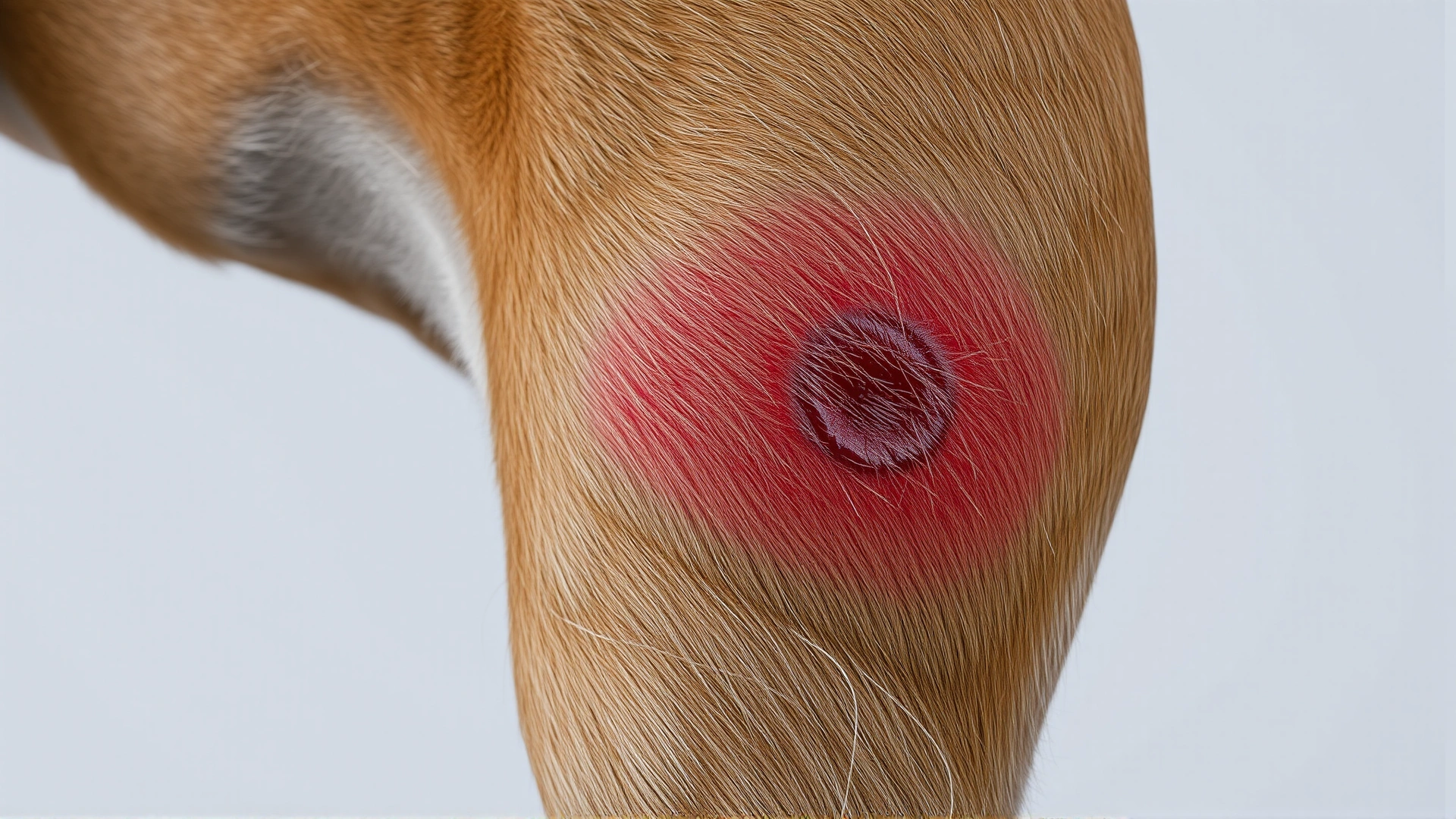Macro photograph of a dog's inflamed red hotspot on its flank, fur parted to clearly show the moist skin lesion, neutral background, high detail and sharp focus.