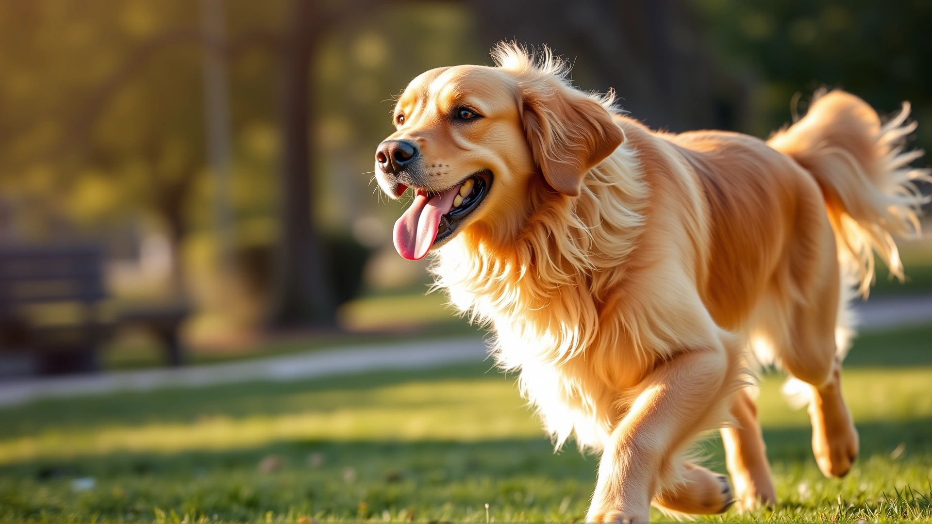 Happy golden retriever with shiny coat running through a sunlit park, motion blur in background, high clarity on dog.