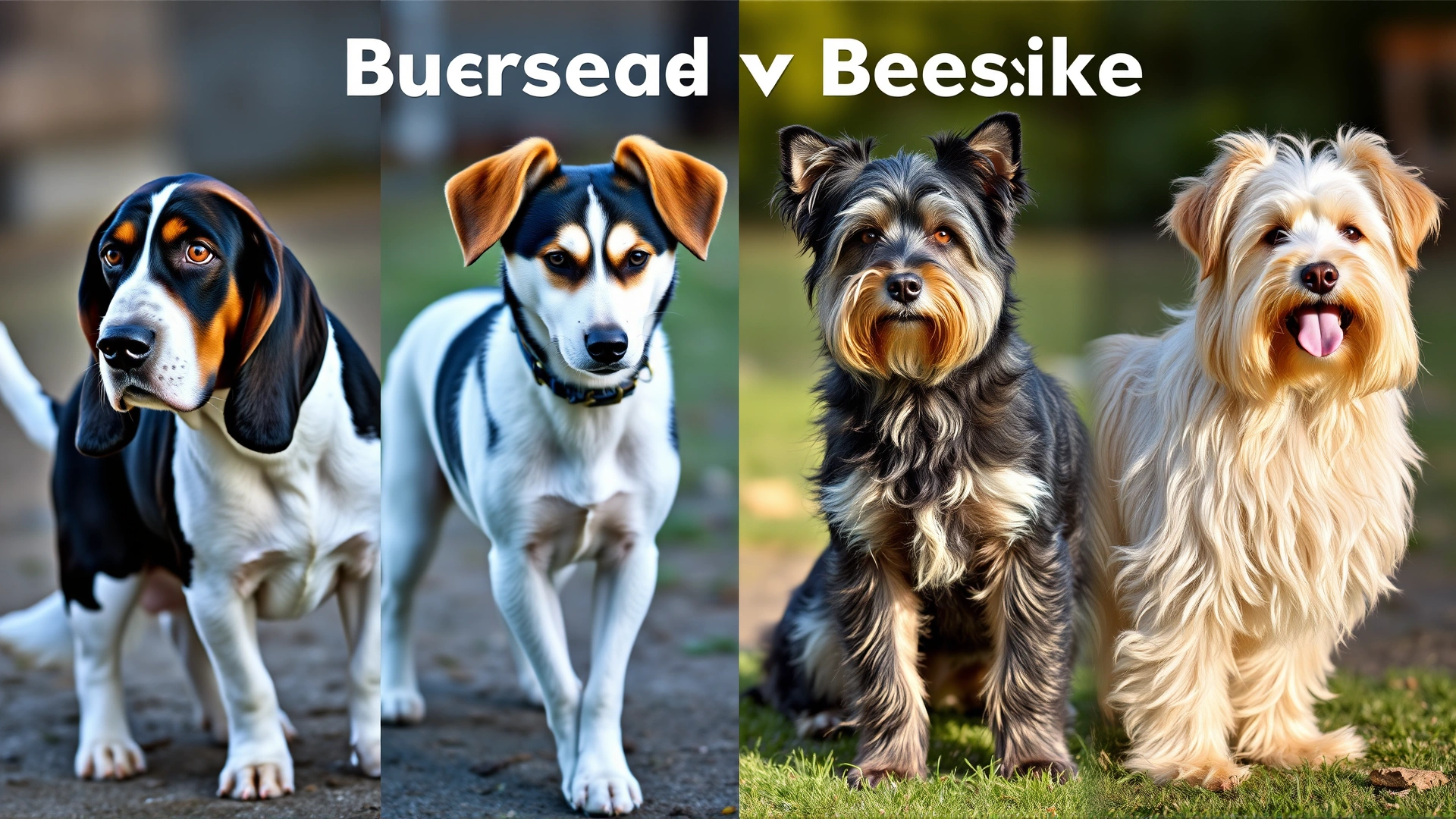 Collage of four different dog breeds showing distinct coat types: a basset hound (oily coat), a short-haired beagle, a fluffy Siberian husky, and a long-haired Yorkshire terrier, standing side by side outdoors.