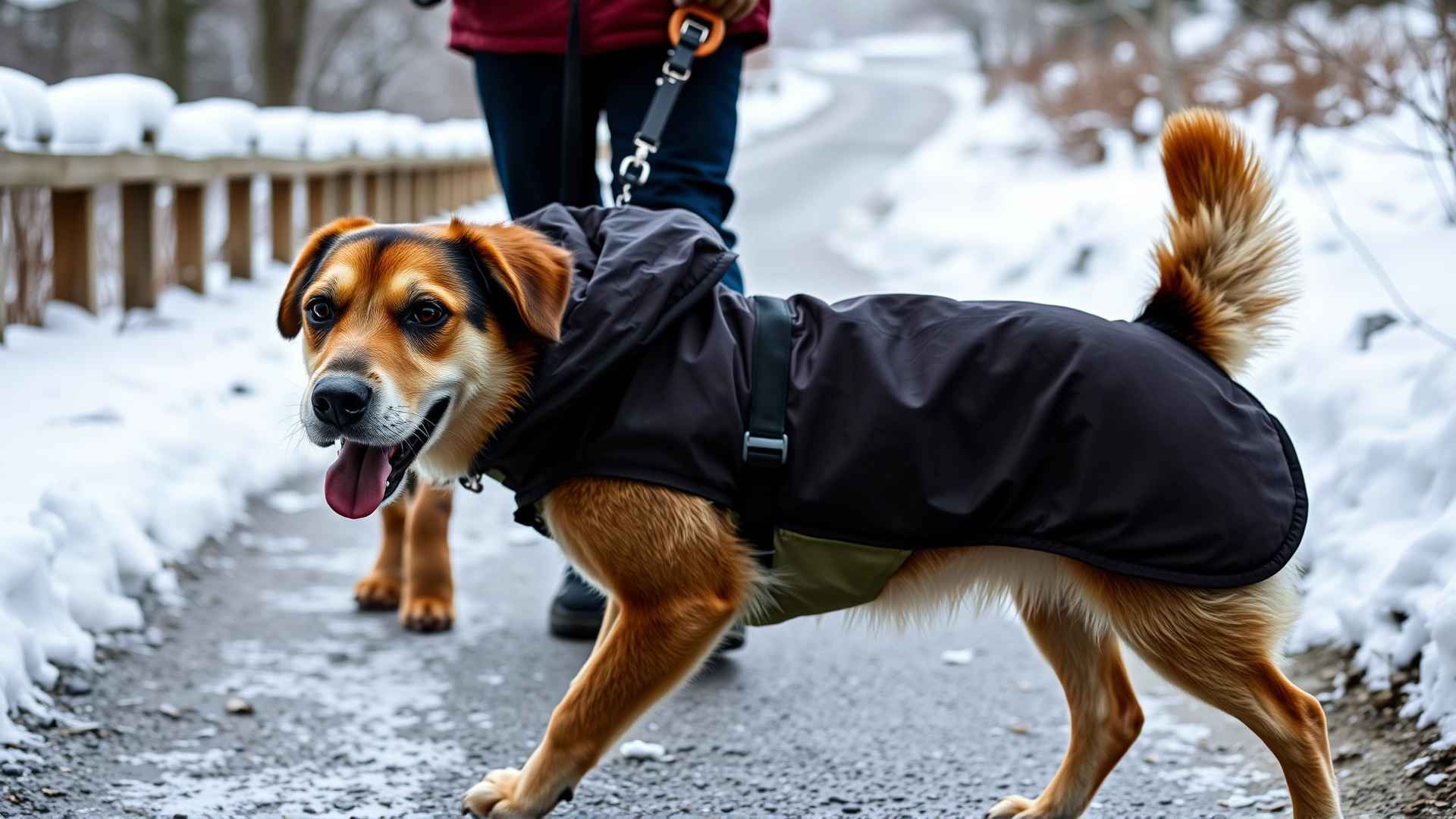 Medium-sized dog wearing a waterproof, insulated winter jacket walking beside owner on a snowy pathway