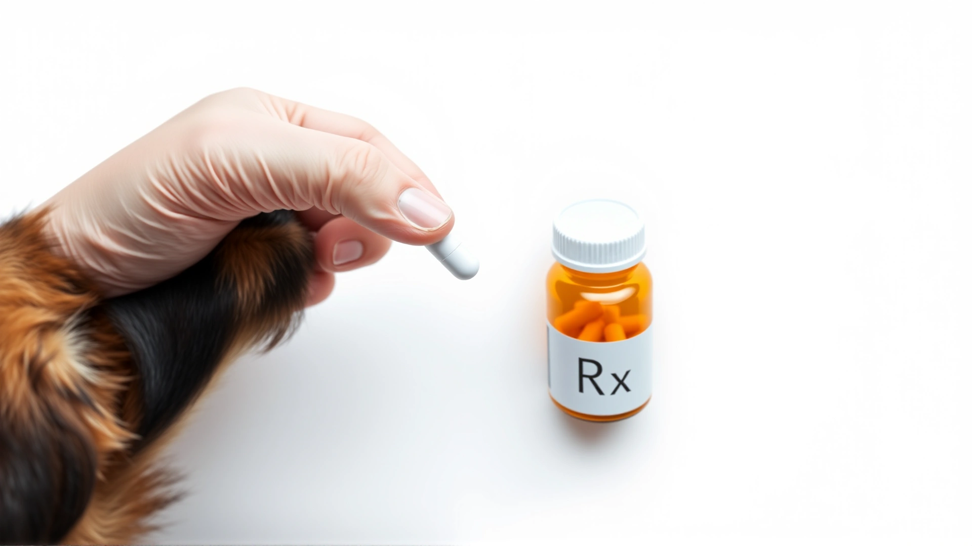 A hand of a veterinarian offering a single plain white pill to a dog next to an unbranded pill bottle labeled 'Rx', clean white background