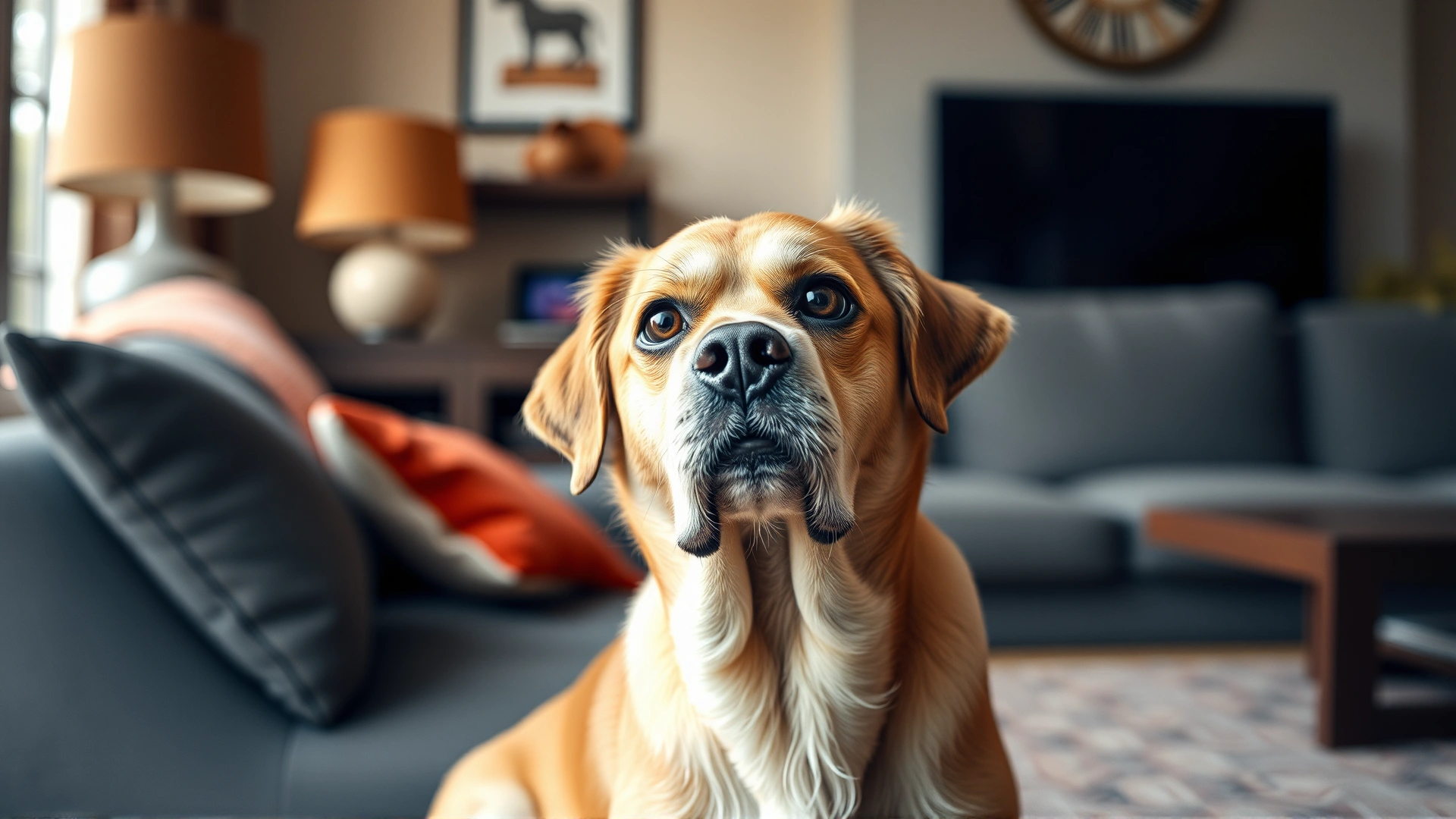 An older dog looking slightly puzzled in a cozy living room, symbolizing canine cognitive dysfunction.