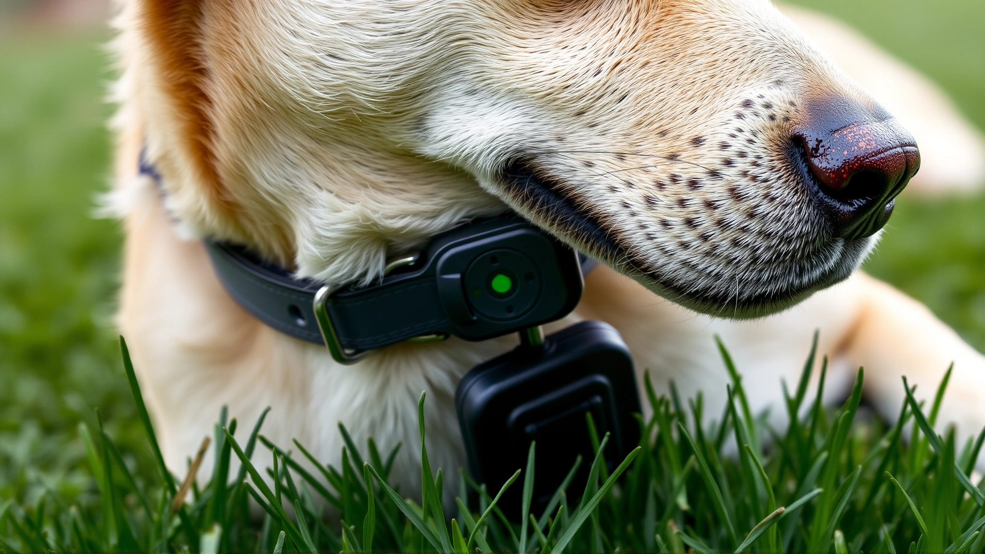Close-up of a medium-sized dog's neck wearing an electronic receiver collar for an invisible fence, on grass background