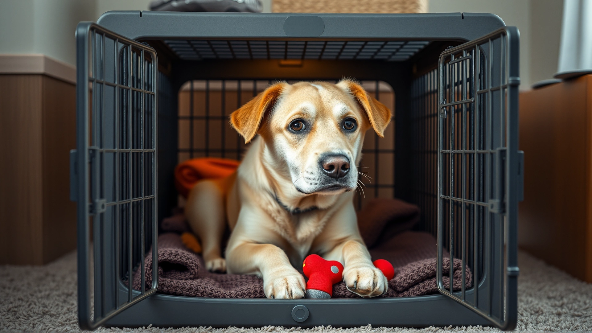 A cozy indoor dog crate with an open door, filled with blankets and a chew toy, suggesting a safe space