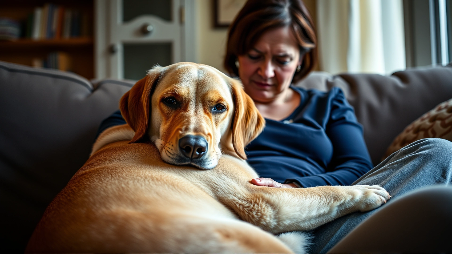 Indoor scene of a calm Labrador gently resting its head on the lap of a sad woman sitting on a couch, warm lighting, conveys emotional bonding, no text