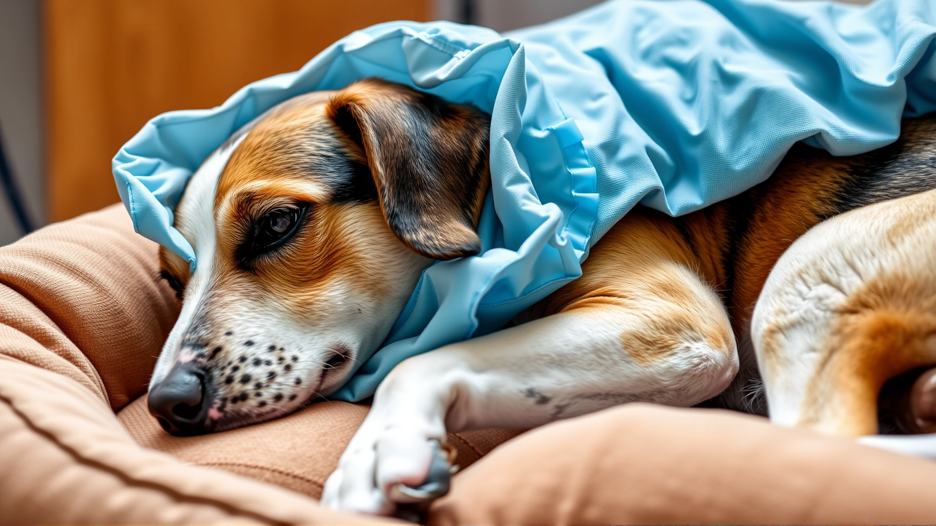 Post-surgery dog wearing a soft recovery collar resting comfortably on a dog bed