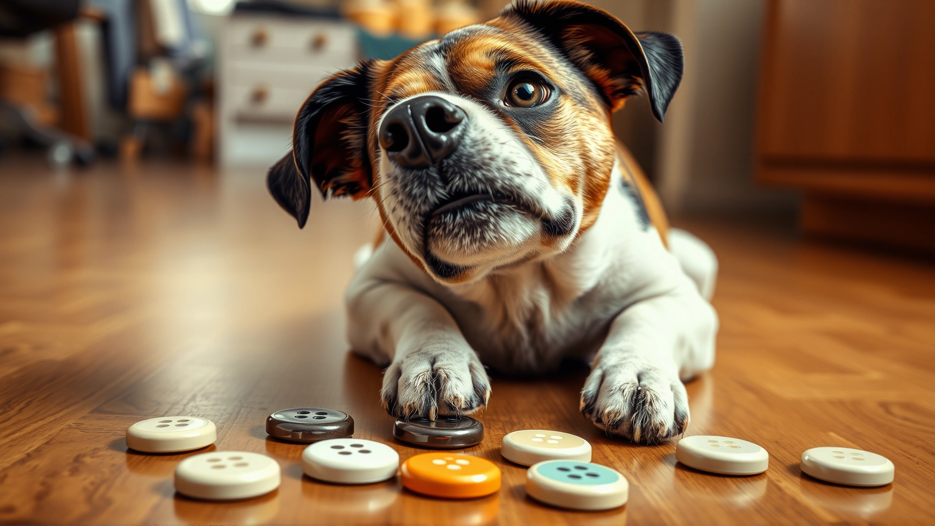Dog tilting its head in confusion while looking at multiple talking buttons scattered on the floor.