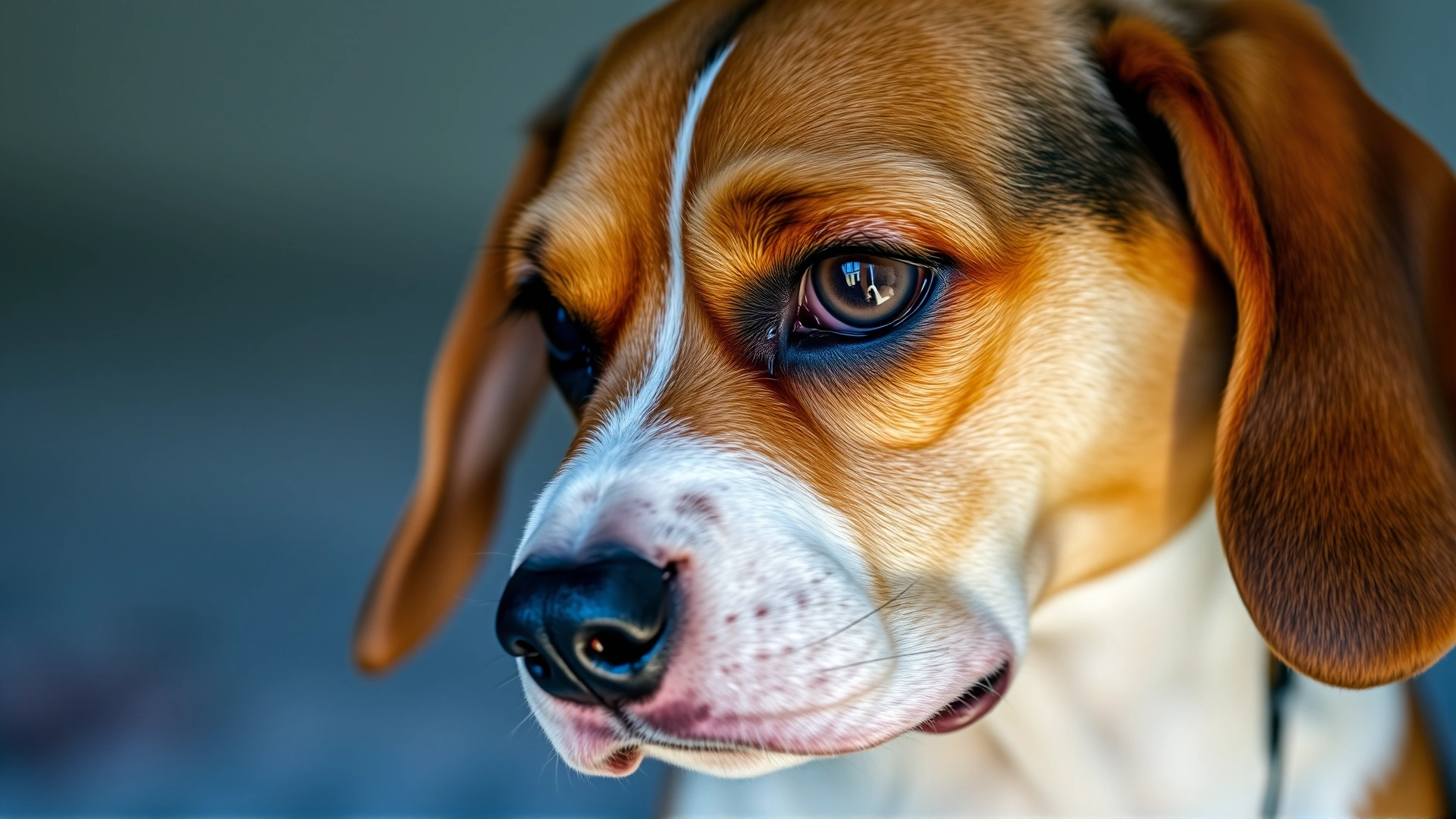 Medium shot of a beagle with noticeable pink conjunctiva and watery discharge, looking slightly uncomfortable.