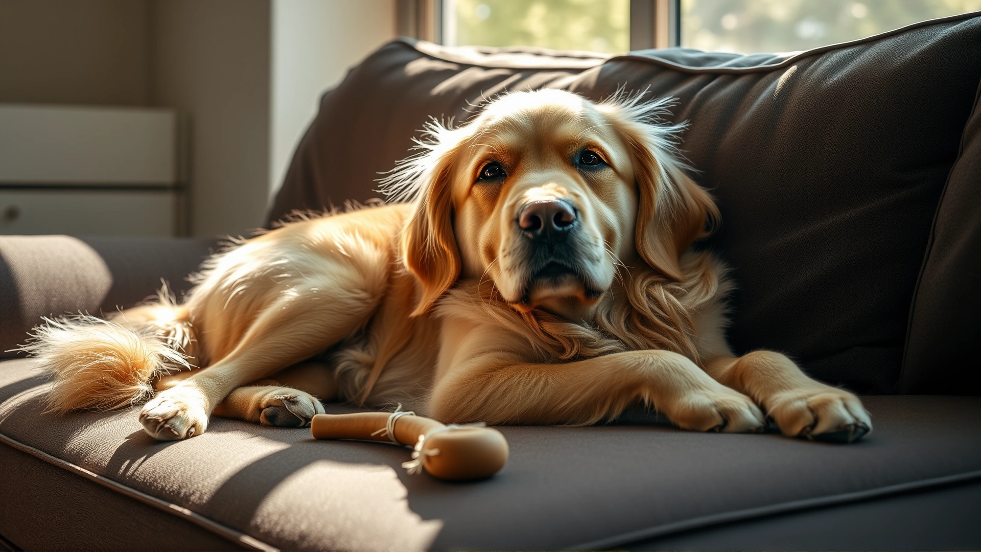 Golden Retriever peacefully lying on a couch with a chew toy beside it, sunlight streaming through a nearby window, conveying a sense of satisfaction.