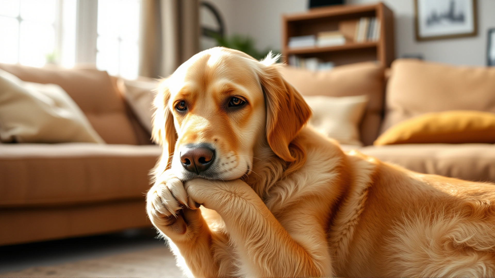 A golden retriever gently pawing its muzzle as if coughing, seated in a cozy living room with soft daylight