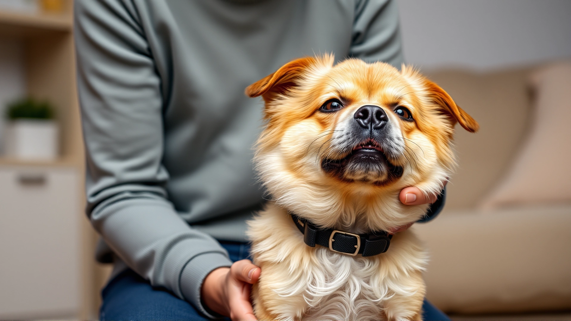 Small dog sitting upright and coughing while its concerned owner gently supports it in a home environment