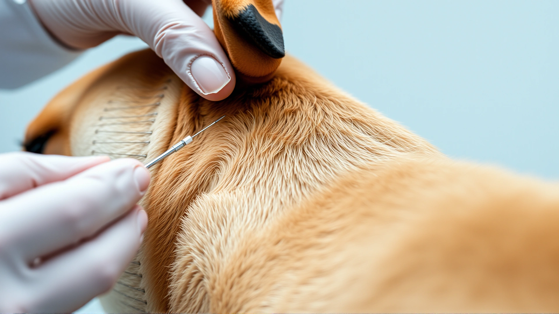 Close-up of a medium-sized dog with acupuncture needles along the spine, veterinarian hands adjusting a needle, shallow depth of field