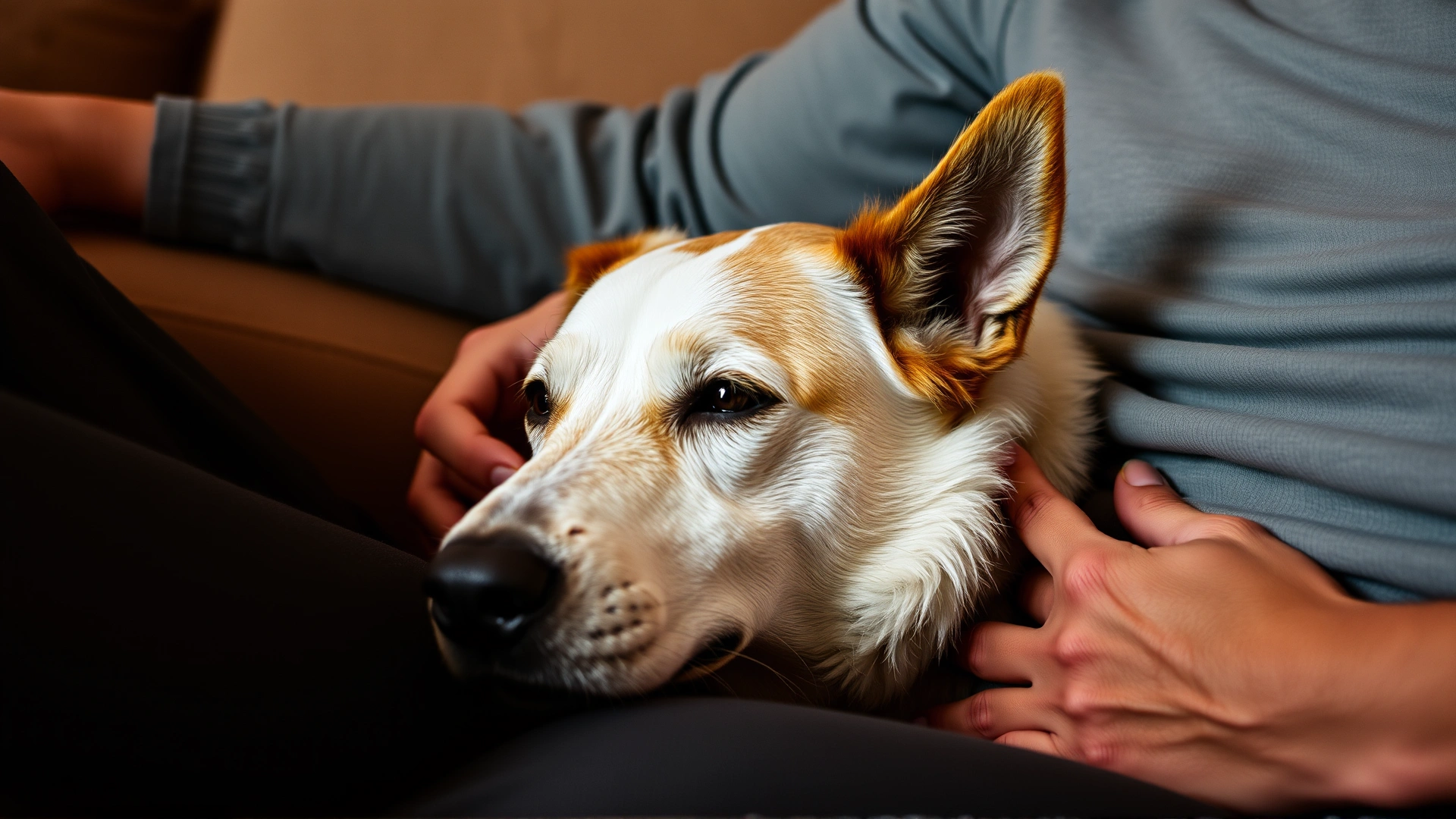 Dog resting comfortably on a couch while its owner gently pets it, warm domesticated setting.