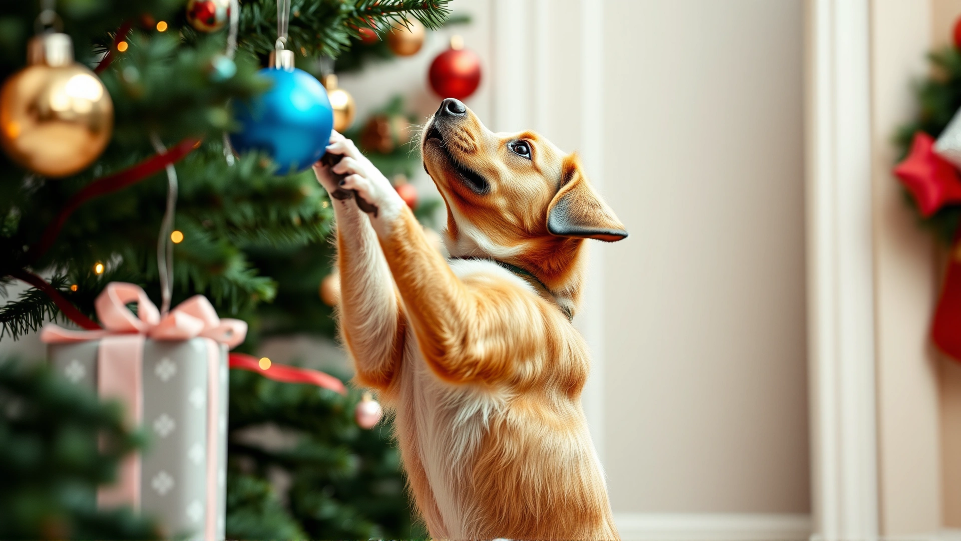 A playful dog standing on hind legs, reaching toward low-hanging ornaments on a Christmas tree, captured mid-action.