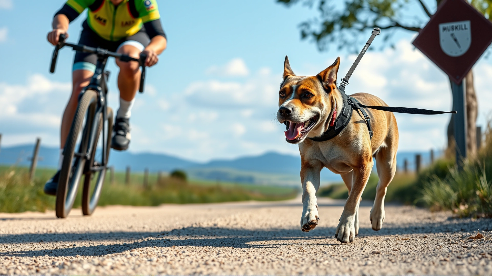 Dog wearing a harness running alongside a cyclist on a countryside dirt road