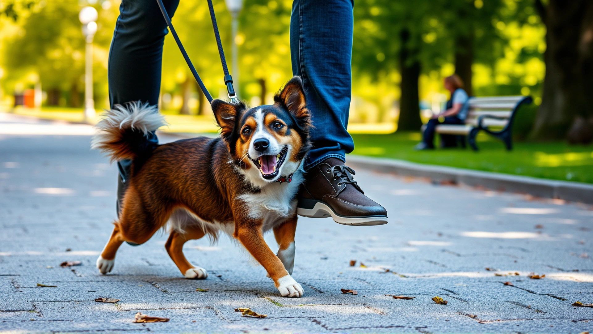 Medium shot of a dog weaving between its owner's legs in a park, bright daylight