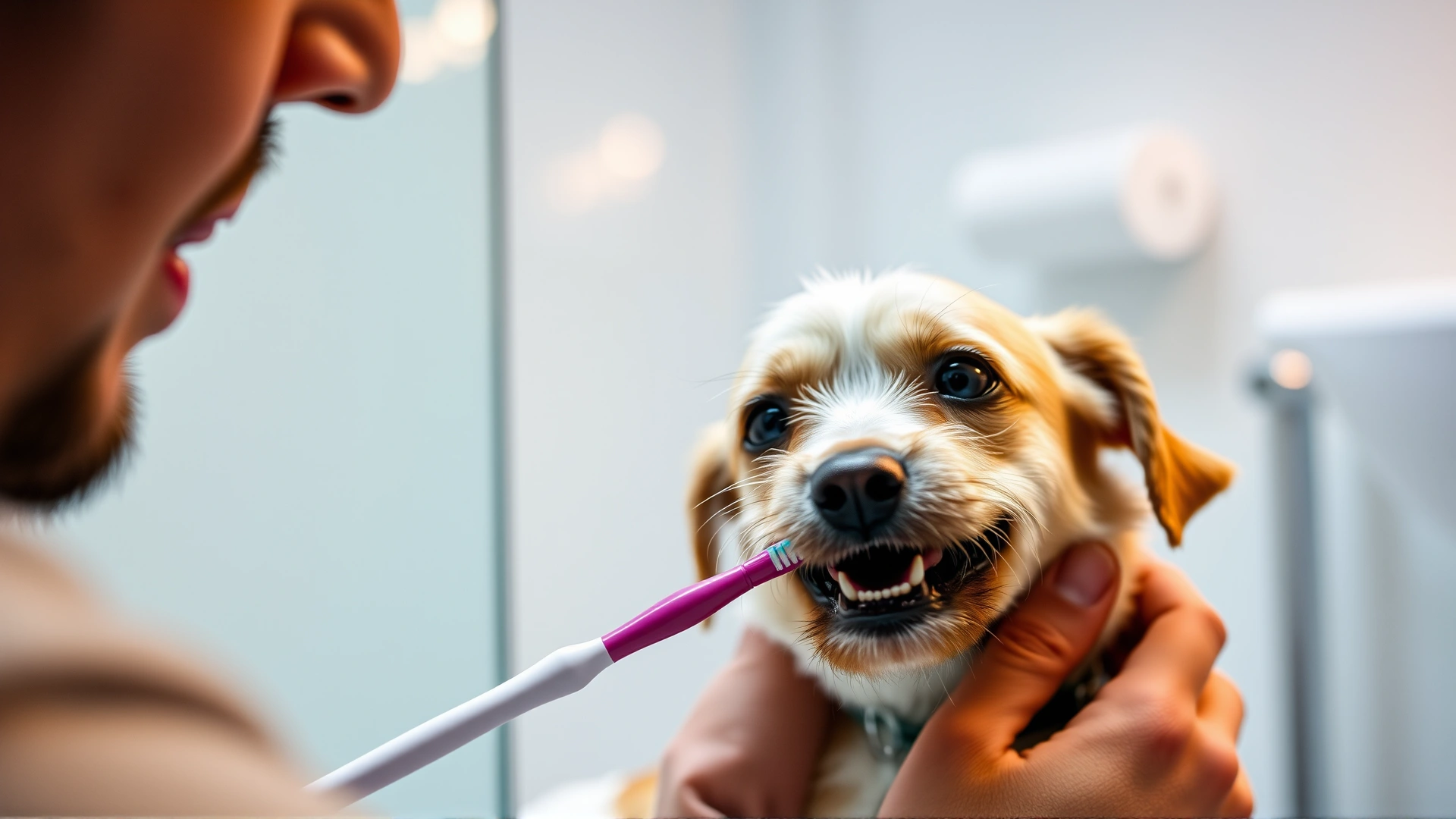 Owner gently brushing a small dog’s teeth with a canine toothbrush; bathroom setting, soft lighting.