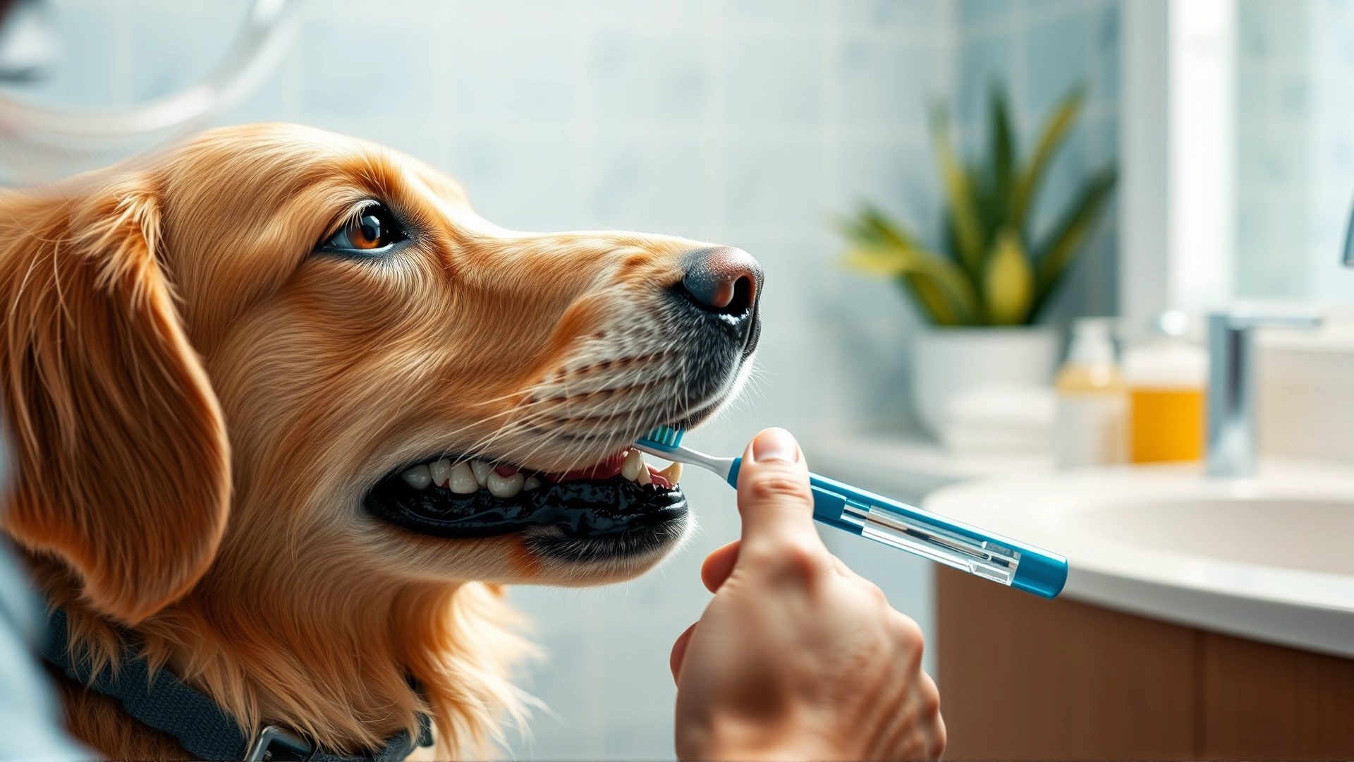 Close-up of a golden retriever getting its teeth brushed by its owner with a dog toothbrush, bright bathroom setting