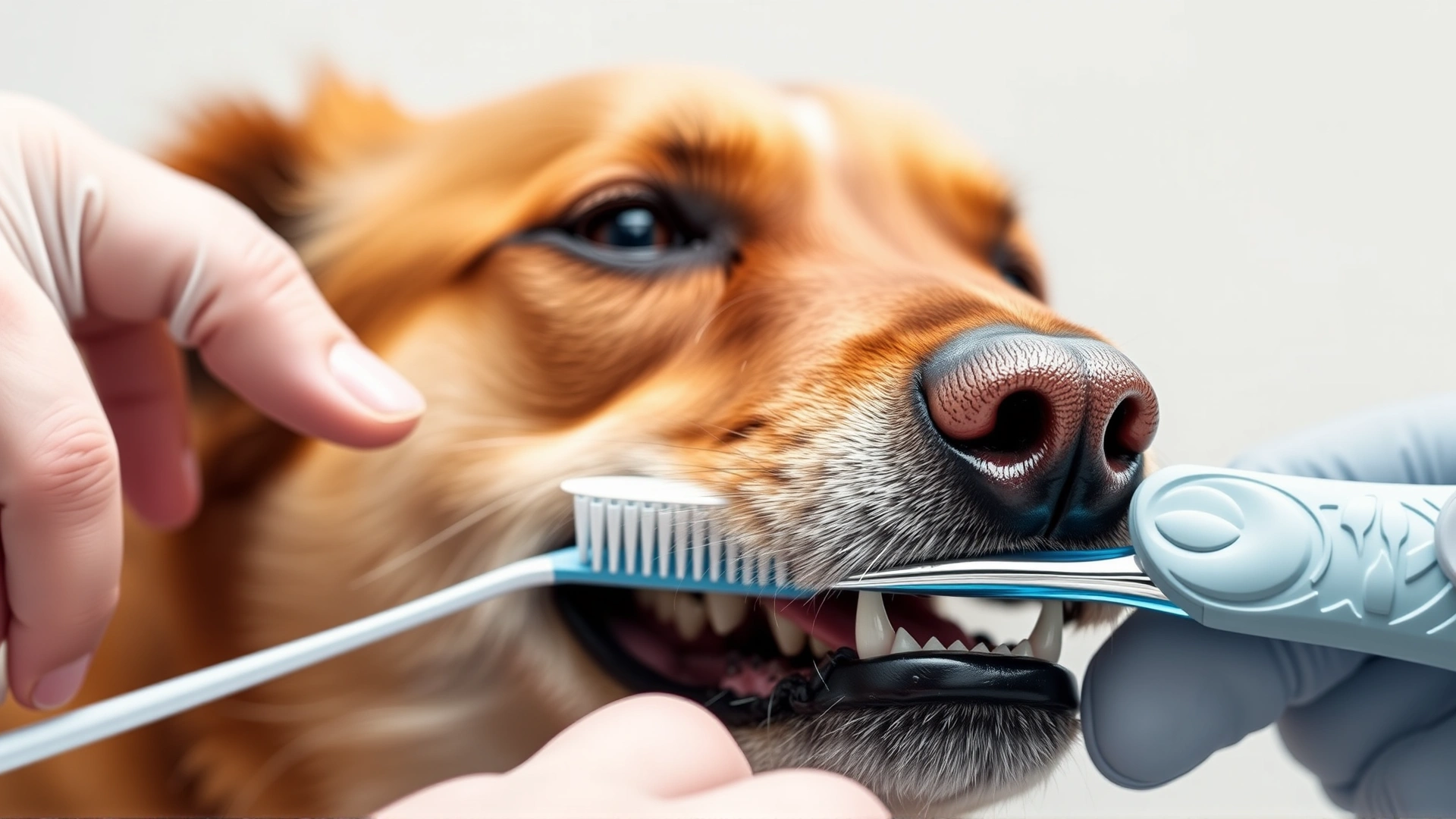 Close-up of hands brushing a medium-sized dog's teeth with a canine toothbrush.