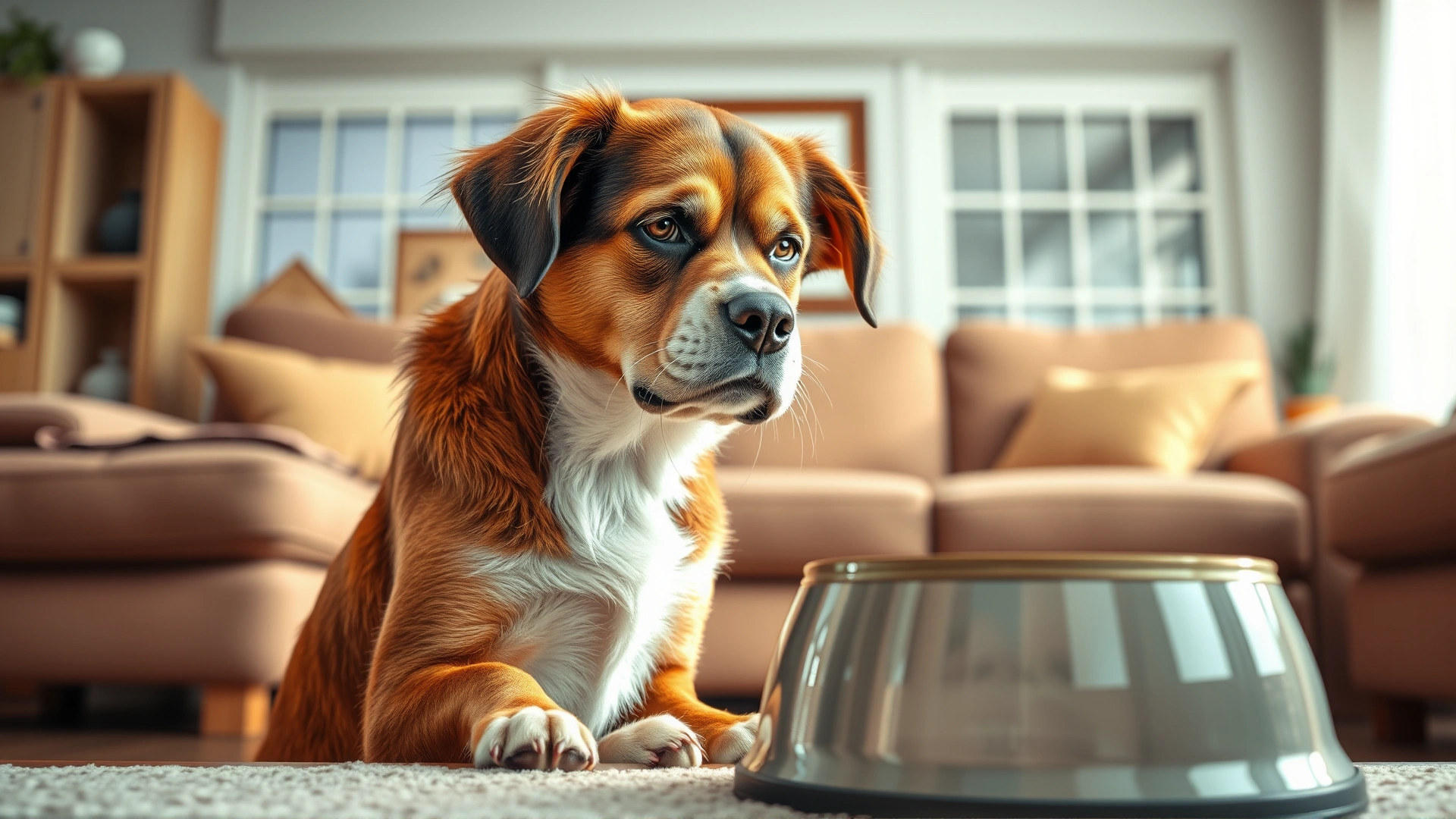 An anxious dog sitting near a large water bowl in a cozy living room, symbolizing excessive thirst caused by diabetes, high-resolution, natural daylight.