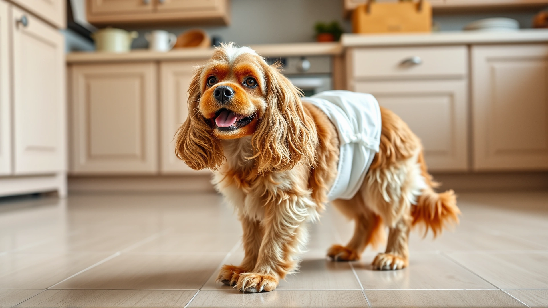 Smiling senior Cocker Spaniel wearing a washable dog diaper while standing on a clean kitchen floor.