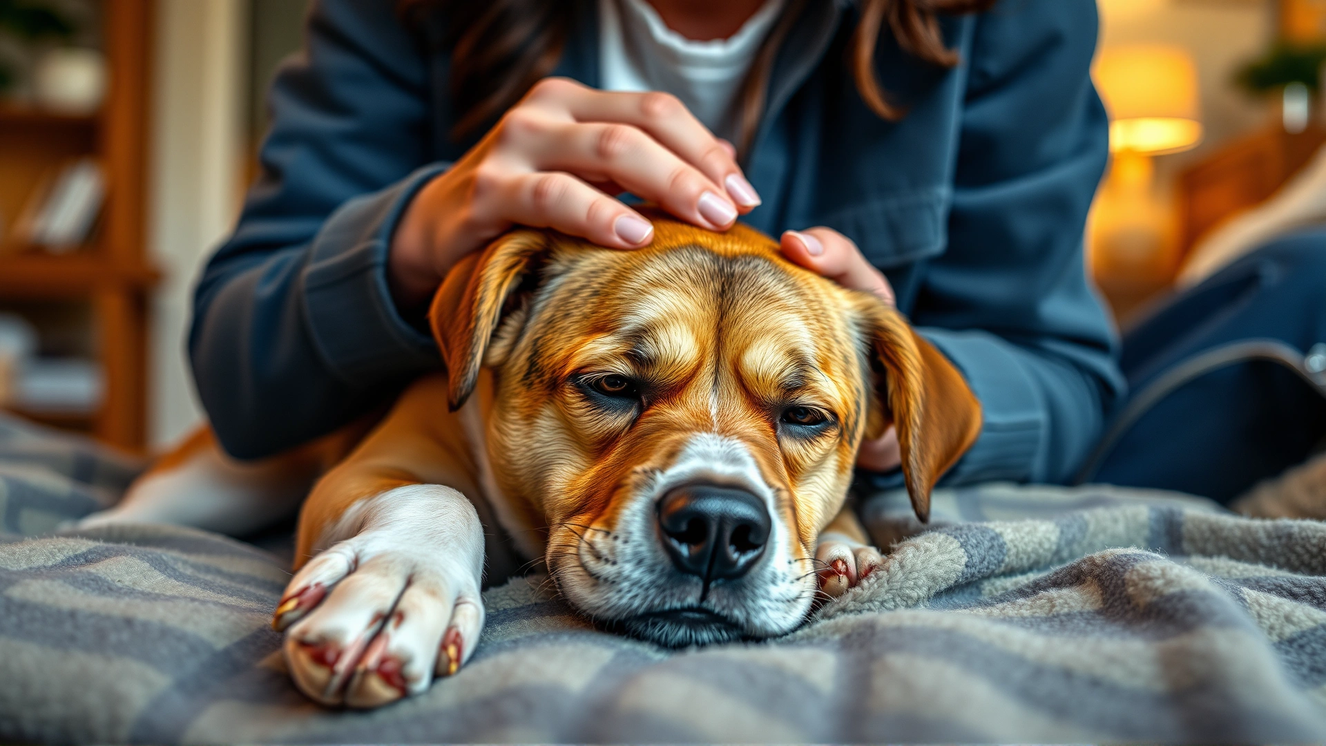 Pet owner gently comforting a medium-sized dog lying on a blanket, subtle worry expression, indoor home environment, soft warm lighting, high-resolution